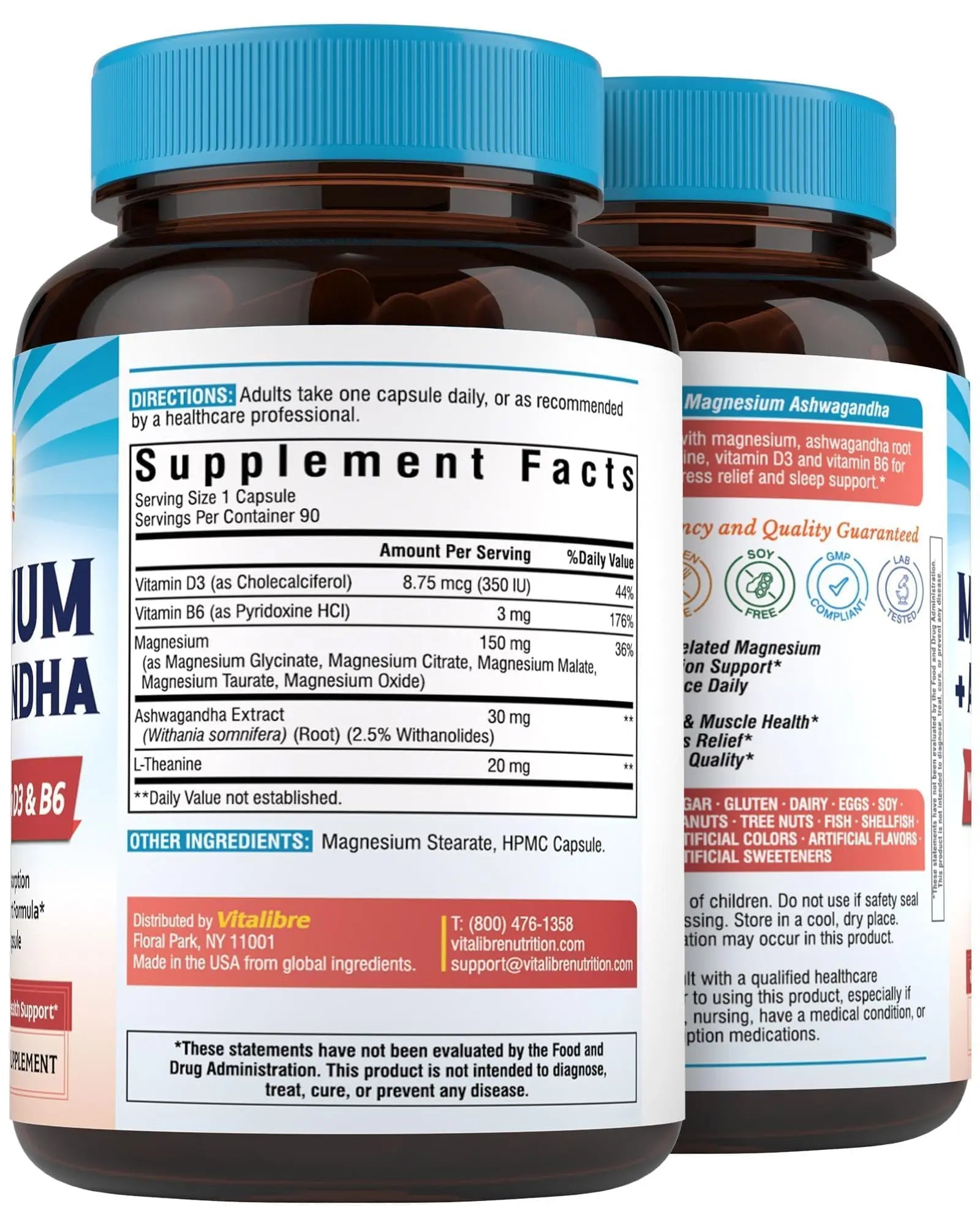 Vitalibre Magnesium Complex with Ashwagandha & L-Theanine - Stress Relief, Bone & Relaxation Support - w/Vitamin D3, B6 - Glycinate, Citrate, Malate, Taurate - 90 Vegan Capsules, Non-GMO, Gluten Free Vitalibre Au supplements