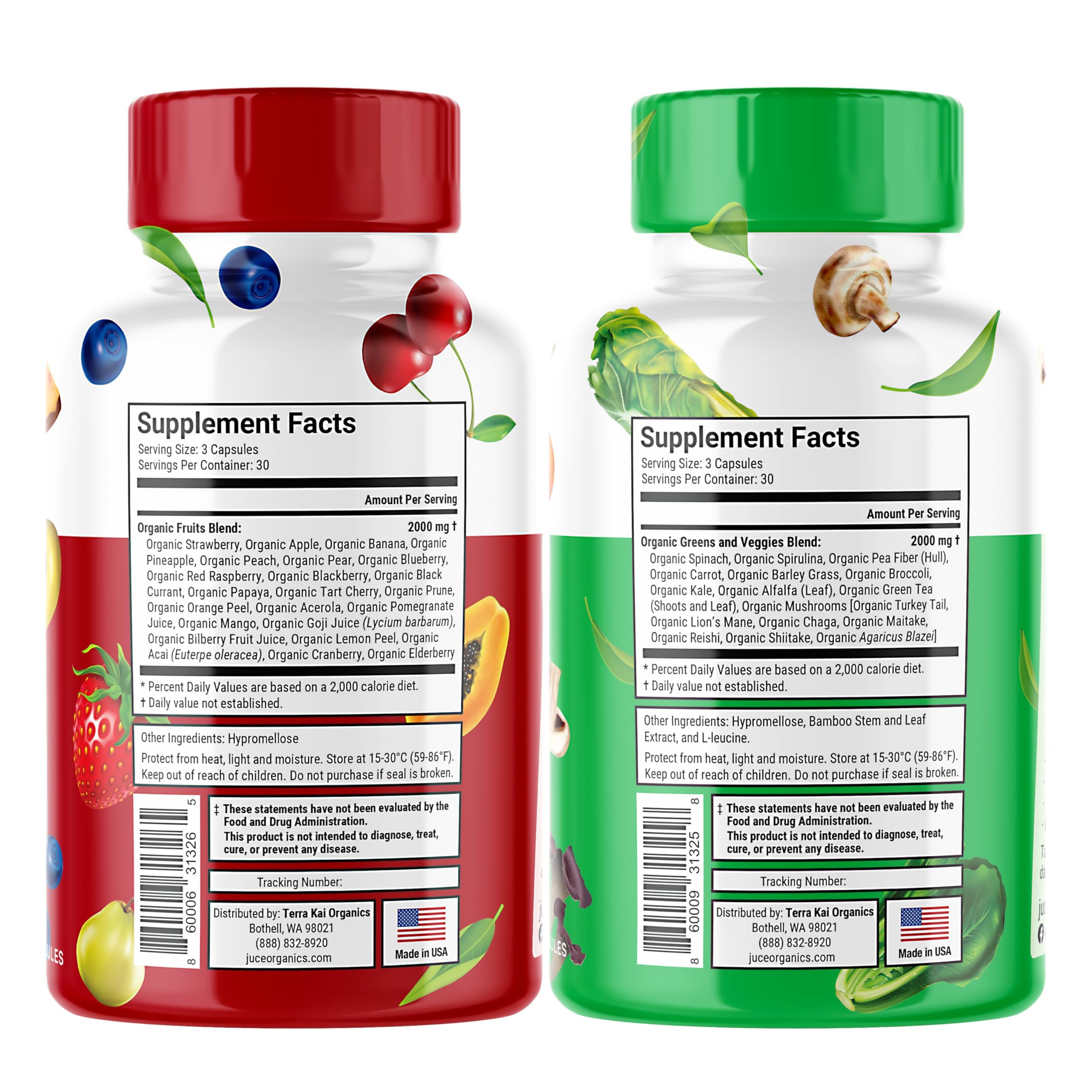 Juce Original Formula - Organic Super Fruit & Veggies Supplement - Gluten/Gelatin Free, Soy Free & Vegan- Reds & Greens Superfood Capsules- 23 Fruits & 23 Vegetables (180 Count)- By Terra Kai Organics Terra Kai Organics Au supplements