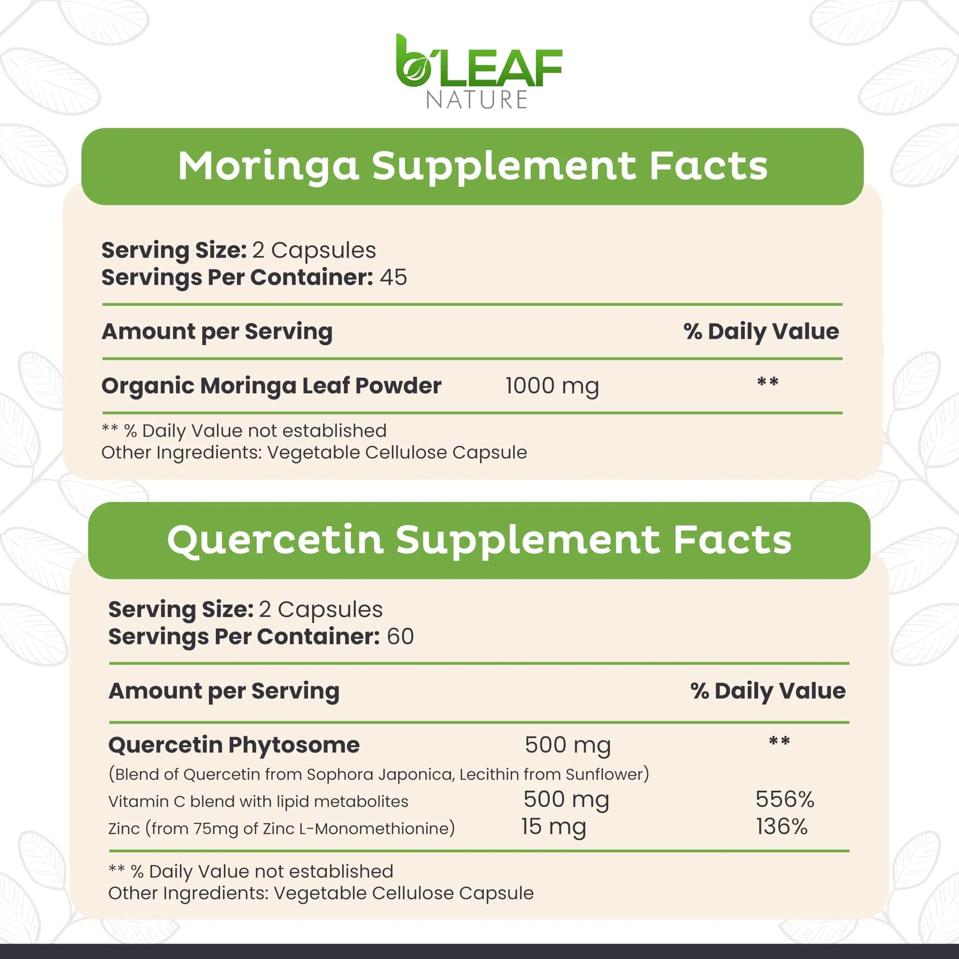 B'LEAF NATURE Moringa and Quercetin Bundle - Non-GMO, Vegan, High Absorption Capsules - 1000mg Quercetin Phytosome Blend + 1000mg Moringa - Natural Energy, Wellness and Immune Support Supplements B'LEAF NATURE Au supplements