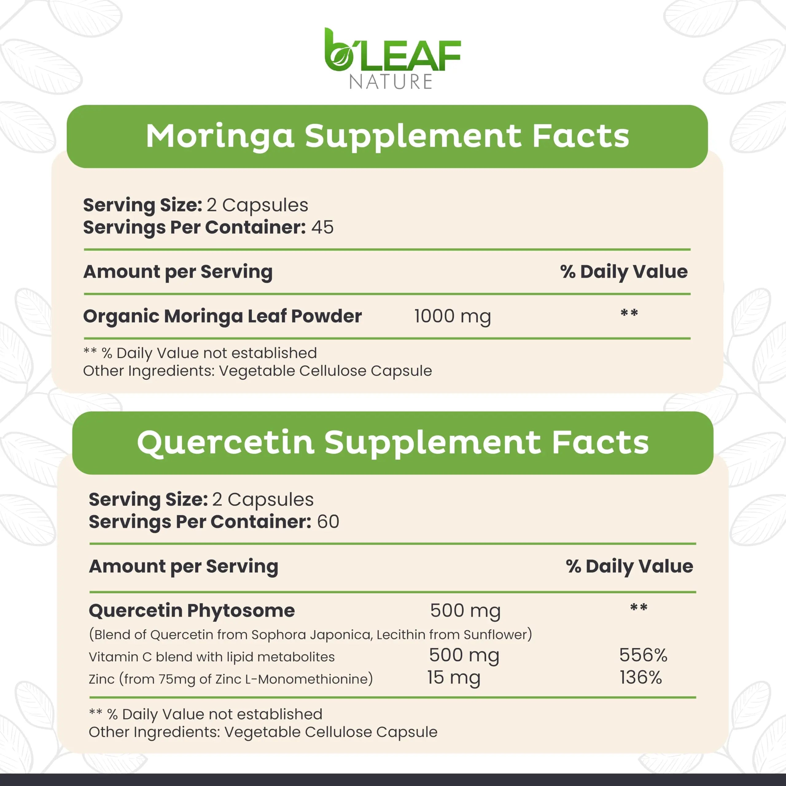 B'LEAF NATURE Moringa and Quercetin Bundle - Non-GMO, Vegan, High Absorption Capsules - 1000mg Quercetin Phytosome Blend + 1000mg Moringa - Natural Energy, Wellness and Immune Support Supplements B'LEAF NATURE Au supplements