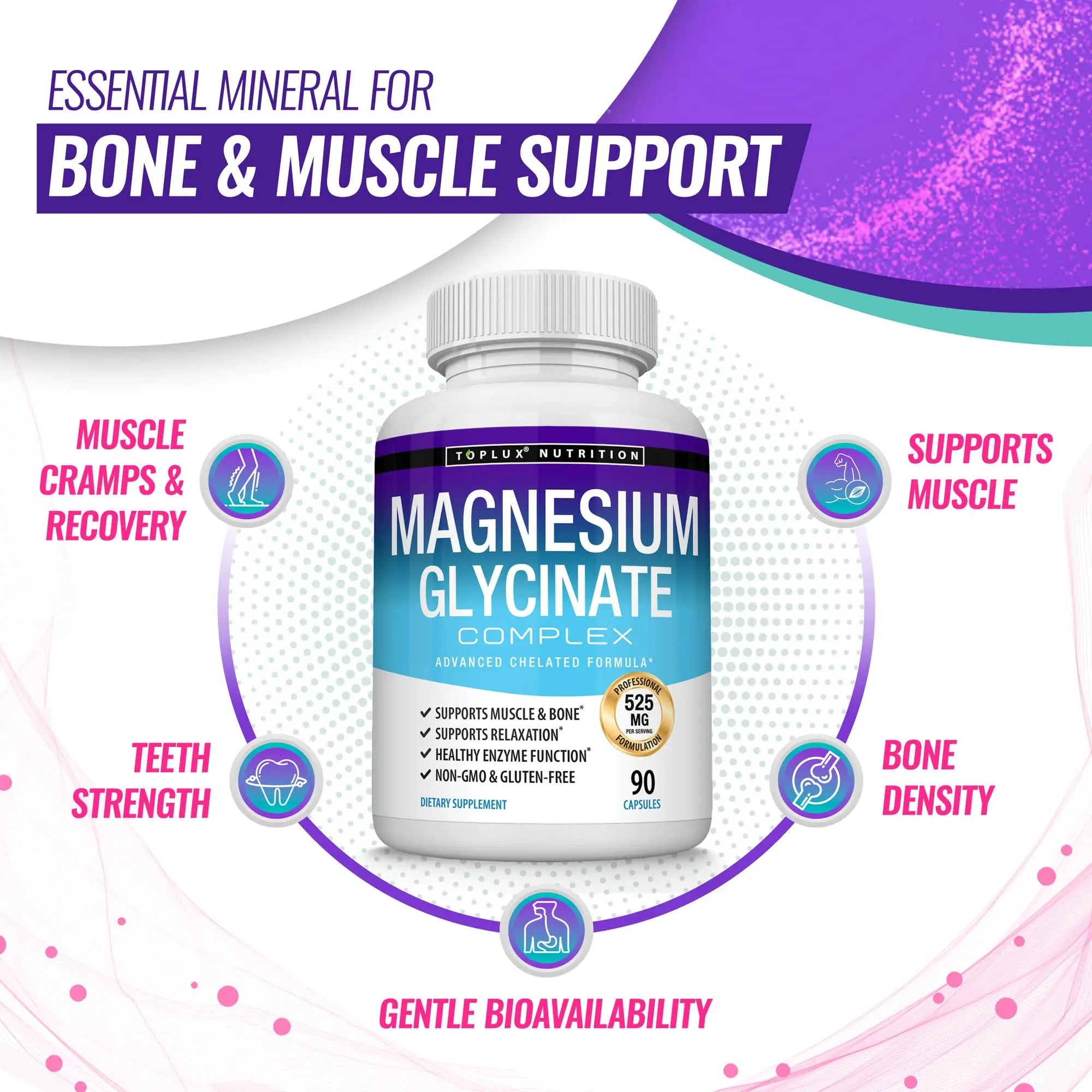 Magnesium Glycinate 525mg - High Absorption Chelated Magnesium Supplement Made with Pure Magnesium Glycinate - Supports Muscles, Sleep, Cramps, Recovery Bisglycinate Complex Vegan Non-GMO 90 Capsules Toplux Au supplements