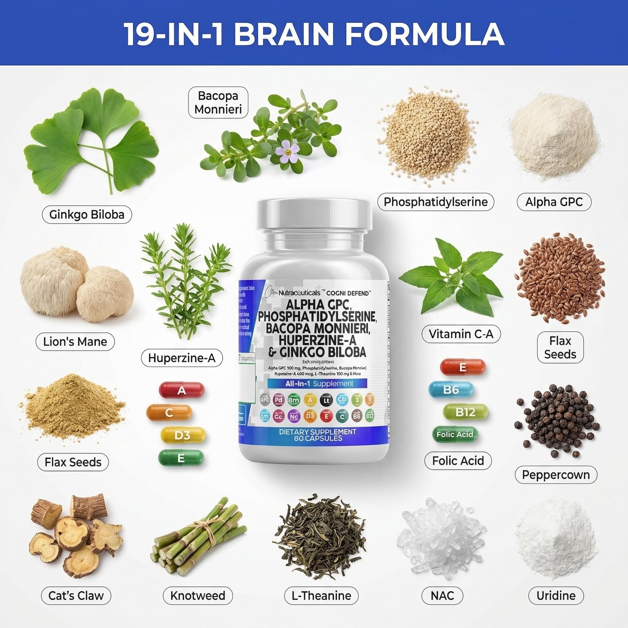 Brain Supplement Alpha GPC 300mg Phosphatidylserine Bacopa Monnieri Ginkgo Biloba Lions Mane Huperzine A L-Theanine NAC Nootropic Memory Focus Cognitive Support Vitamins B C D E 60 Capsules USA Clean Nutraceuticals Au supplements