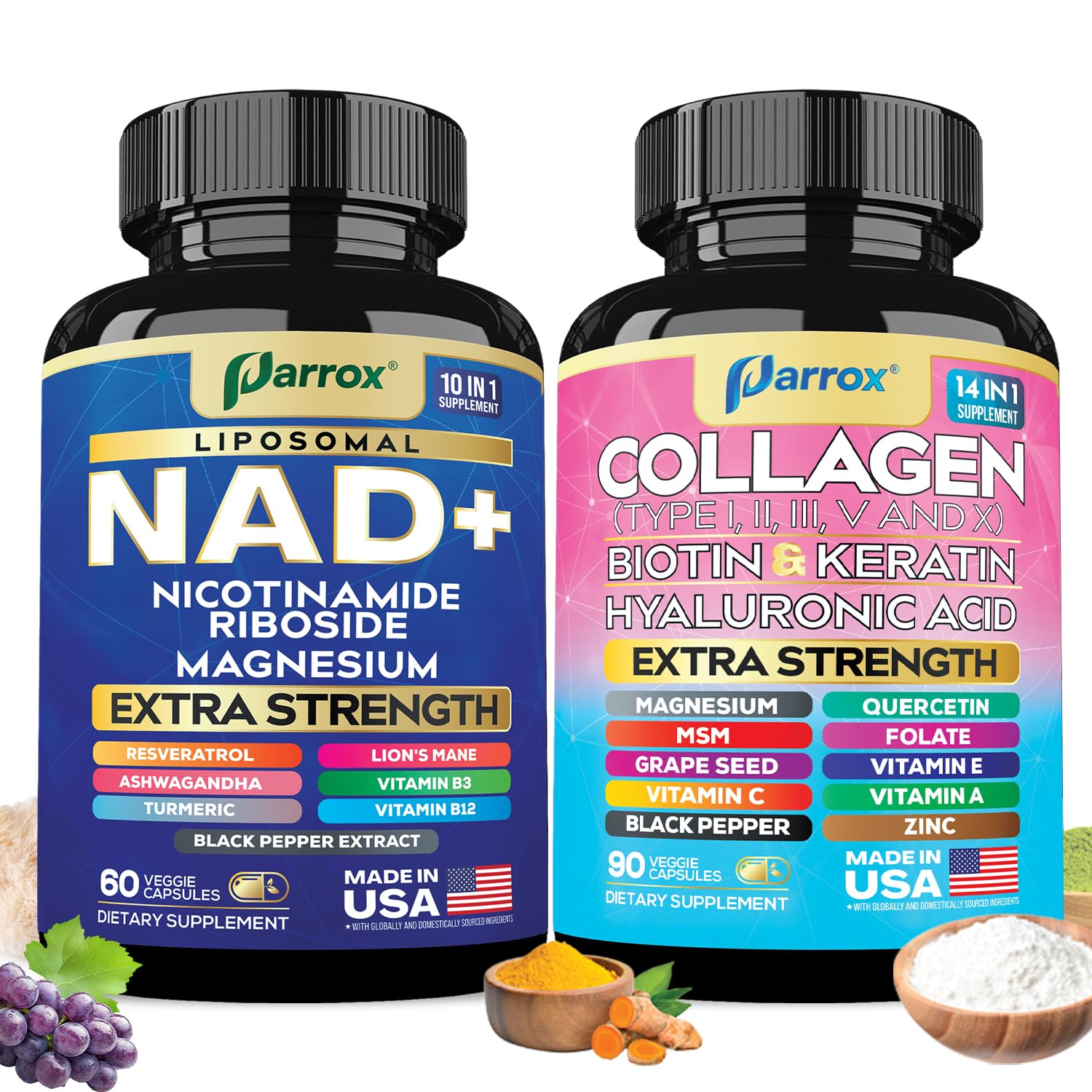 Parrox Forever Young Set with Liposomal NAD, Nicotinamide Riboside, Magnesium, Resveratrol, Lion's Mane, Collagen Peptides Types I, II, III, V and X, Biotin & Keratin, Hyaluronic Acid, Zinc, Quercetin Parrox Au supplements