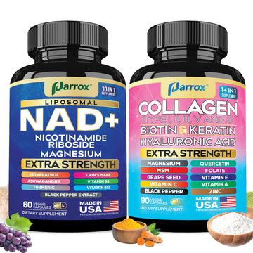 Parrox Forever Young Set with Liposomal NAD, Nicotinamide Riboside, Magnesium, Resveratrol, Lion's Mane, Collagen Peptides Types I, II, III, V and X, Biotin & Keratin, Hyaluronic Acid, Zinc, Quercetin Parrox Au supplements