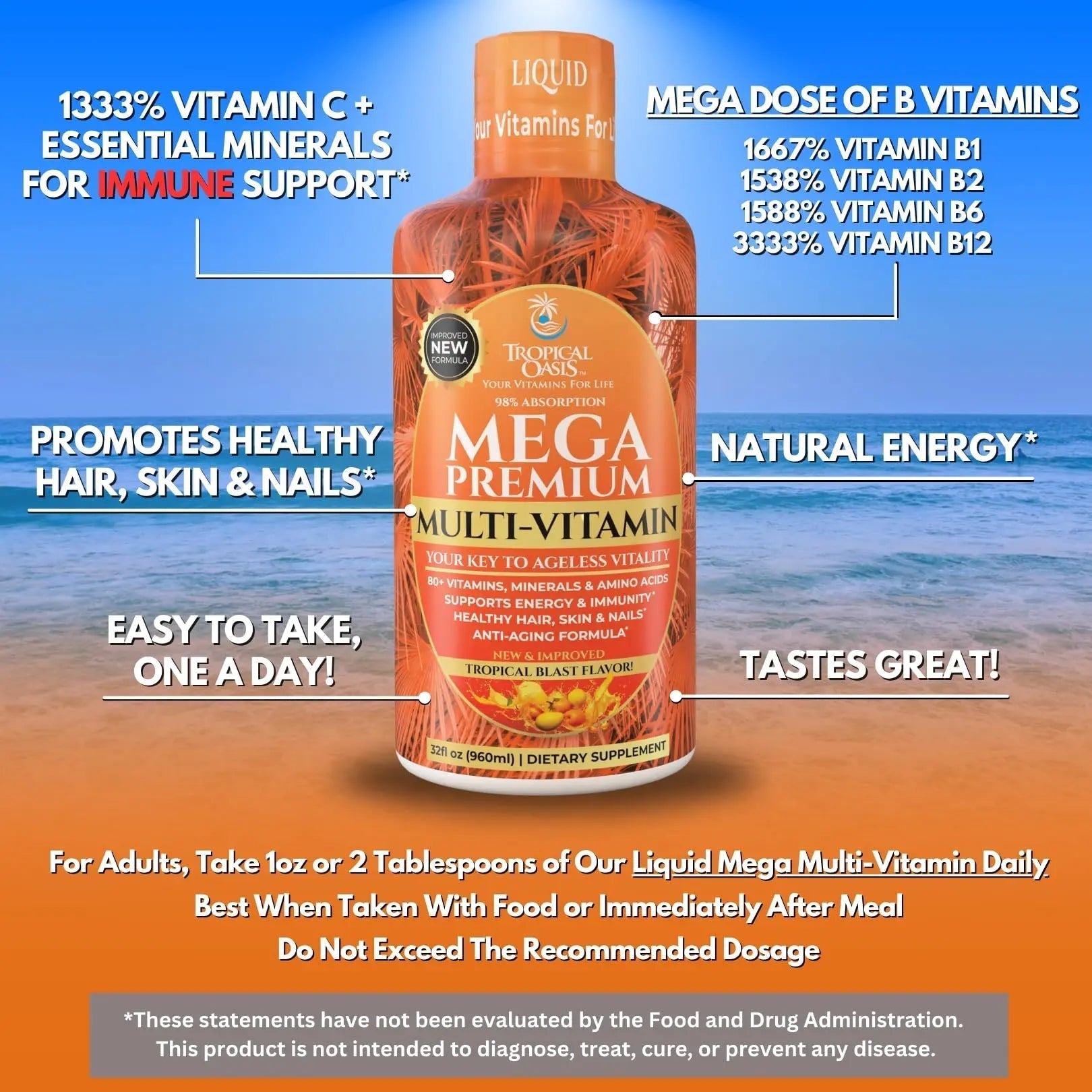 Mega Premium Liquid Multivitamin | Natural Immune Support Vitamin w/ 1333% Vitamin C, 200% D3, Zinc + 20 Vitamins, 70 Minerals Tropical Oasis Au supplements