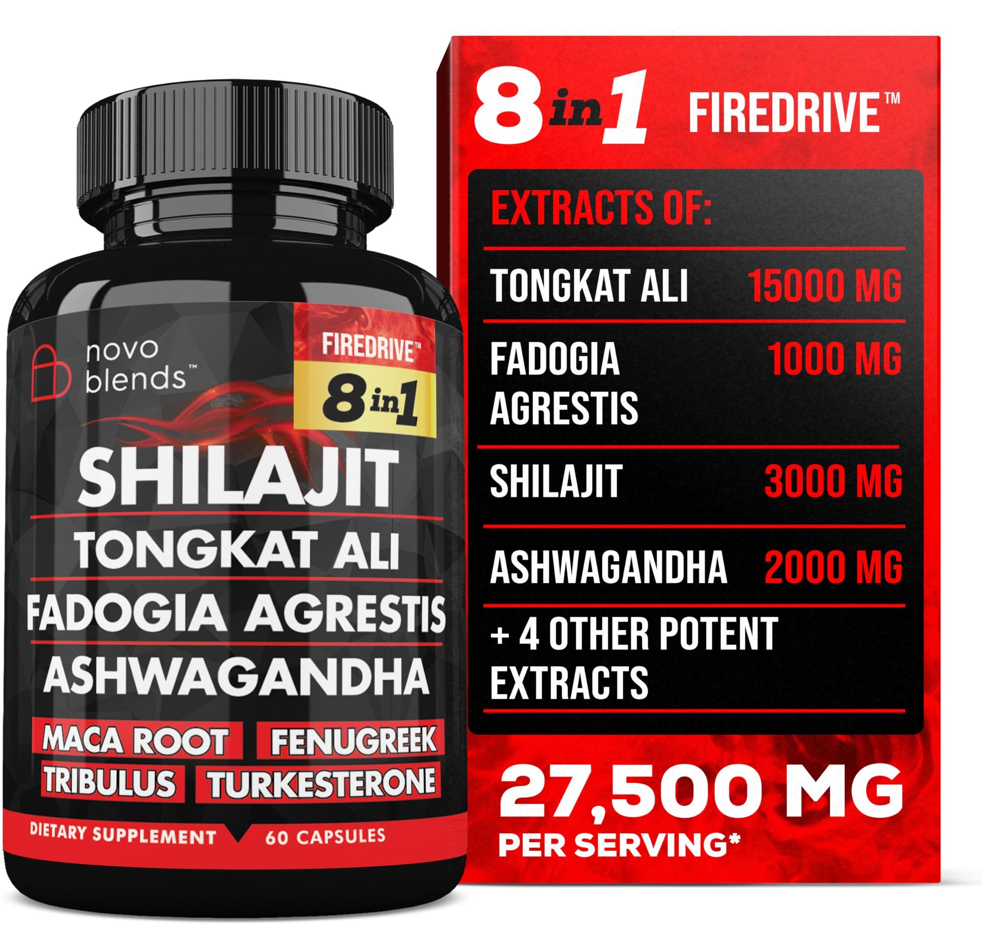 Shilajit 3000mg Tongkat Ali 15,000mg Fadogia Agrestis 1000mg Maca Root 2000mg Ashwagandha 4000mg Fenugreek 1500mg Tribulus Terrestris 500mg Turkesterone 500mg, 8-in-1 Supplement Blend for Men Novo Blends Au supplements