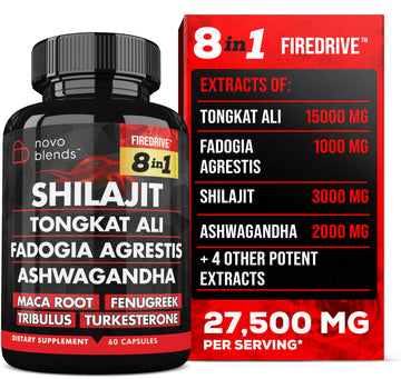 Shilajit 3000mg Tongkat Ali 15,000mg Fadogia Agrestis 1000mg Maca Root 2000mg Ashwagandha 4000mg Fenugreek 1500mg Tribulus Terrestris 500mg Turkesterone 500mg, 8-in-1 Supplement Blend for Men Novo Blends Au supplements