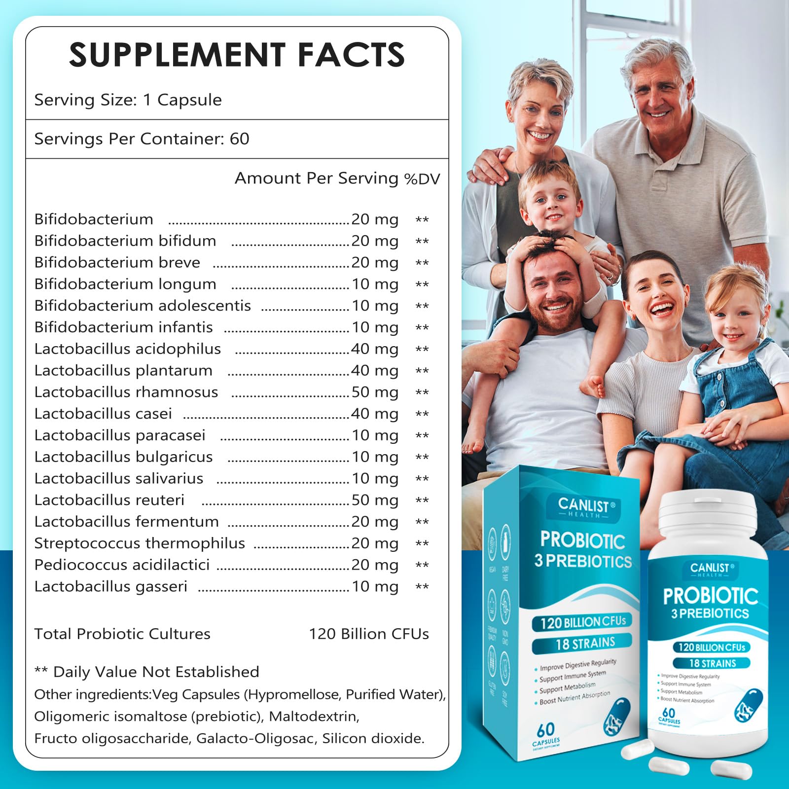 CANLIST Probiotics 120 Billion CFUs 18 Strains, 3 Prebiotics & Digestive Enzymes for Men Women,Digestive & Immune Support,Shelf Stable Non-GMO 60 Capsules CANLIST Au supplements