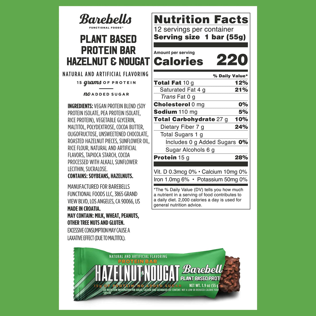 Barebells Vegan Protein Bars Hazelnut & Nougat - 12 Count, 1.9oz Bars - Features Plant BAREBELLS uk supplements
