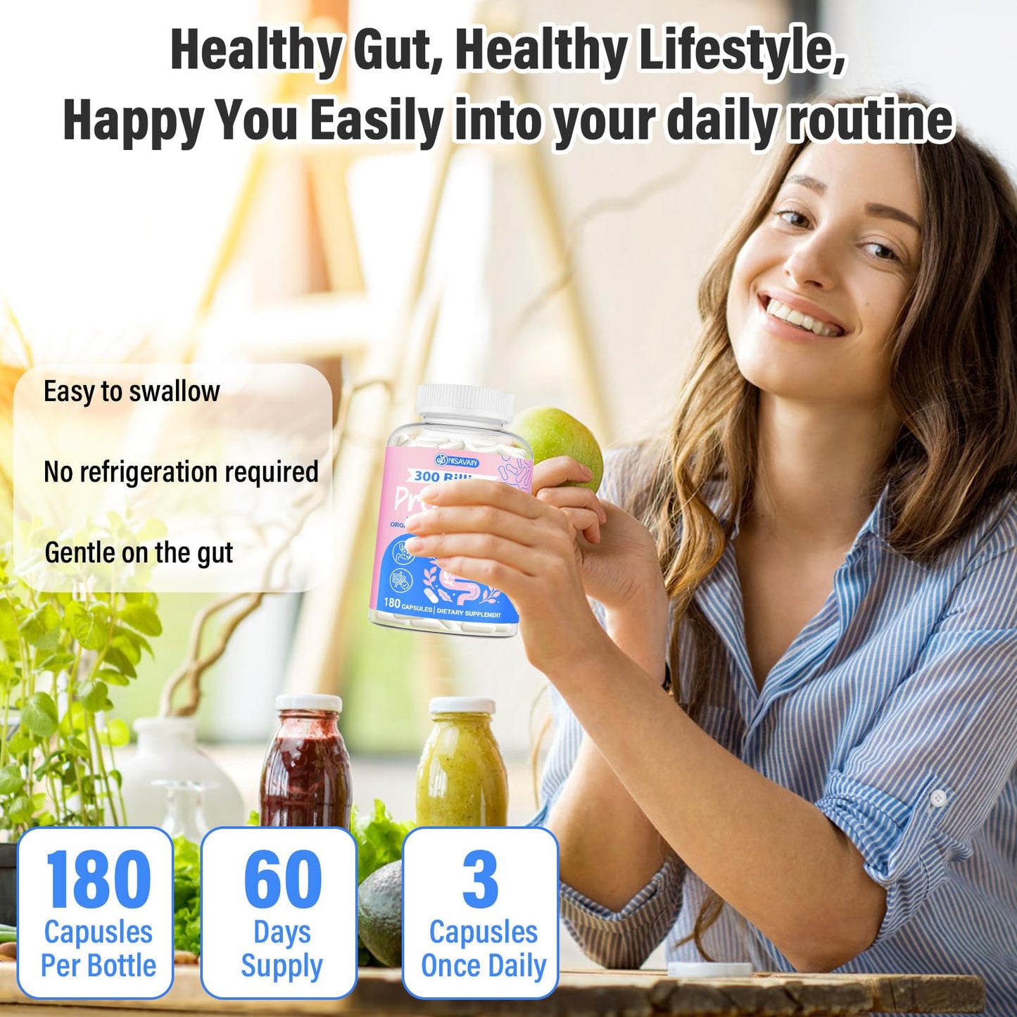 (180 Capsules) Probiotics for Women & Men, 5-in-1 Probiotic, Prebiotic, Postbiotic, Organic Herbs & 16 Digestive Enzymes Blend, 300 Billion CFU, Complete Gut Health, Digestive Health & Immune* NisavainUS supplements