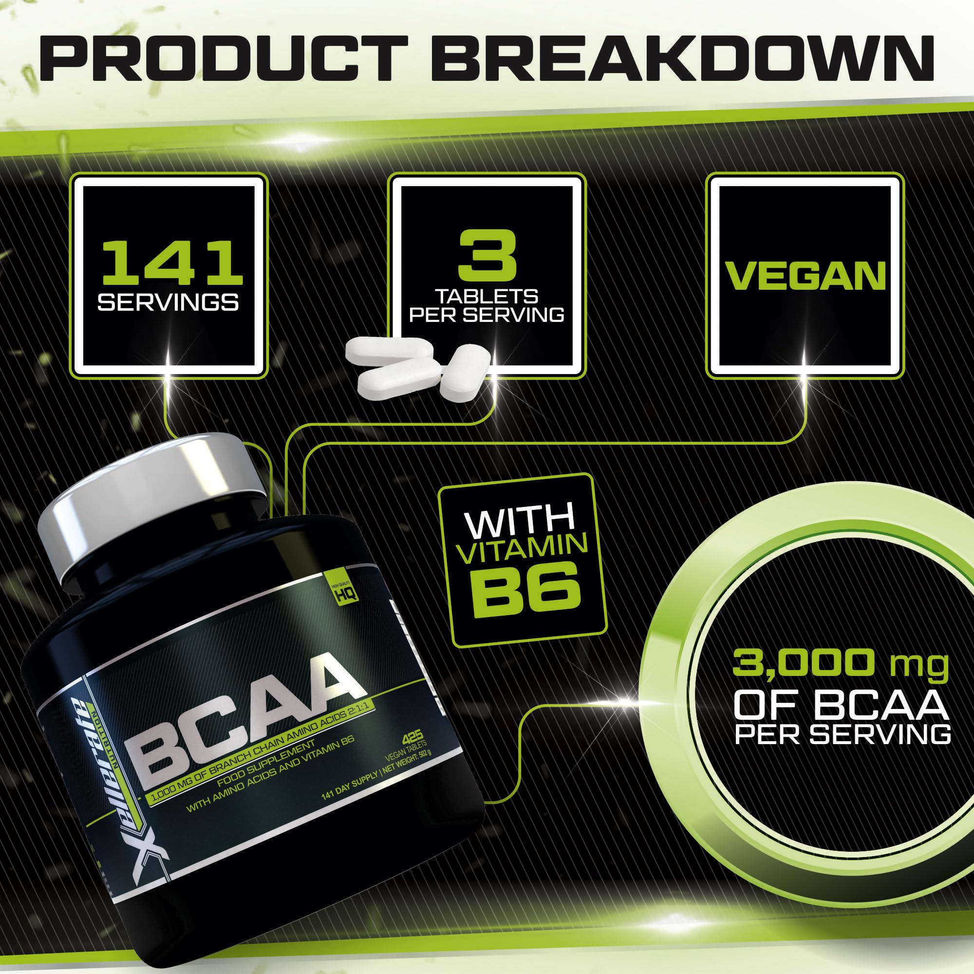 BCAA 1000mg - 425 Vegan Tablets - 3000mg Daily Serving - 141 Day Supply - 2:1:1 BCAAs Xellerate NUTRITION Au supplements