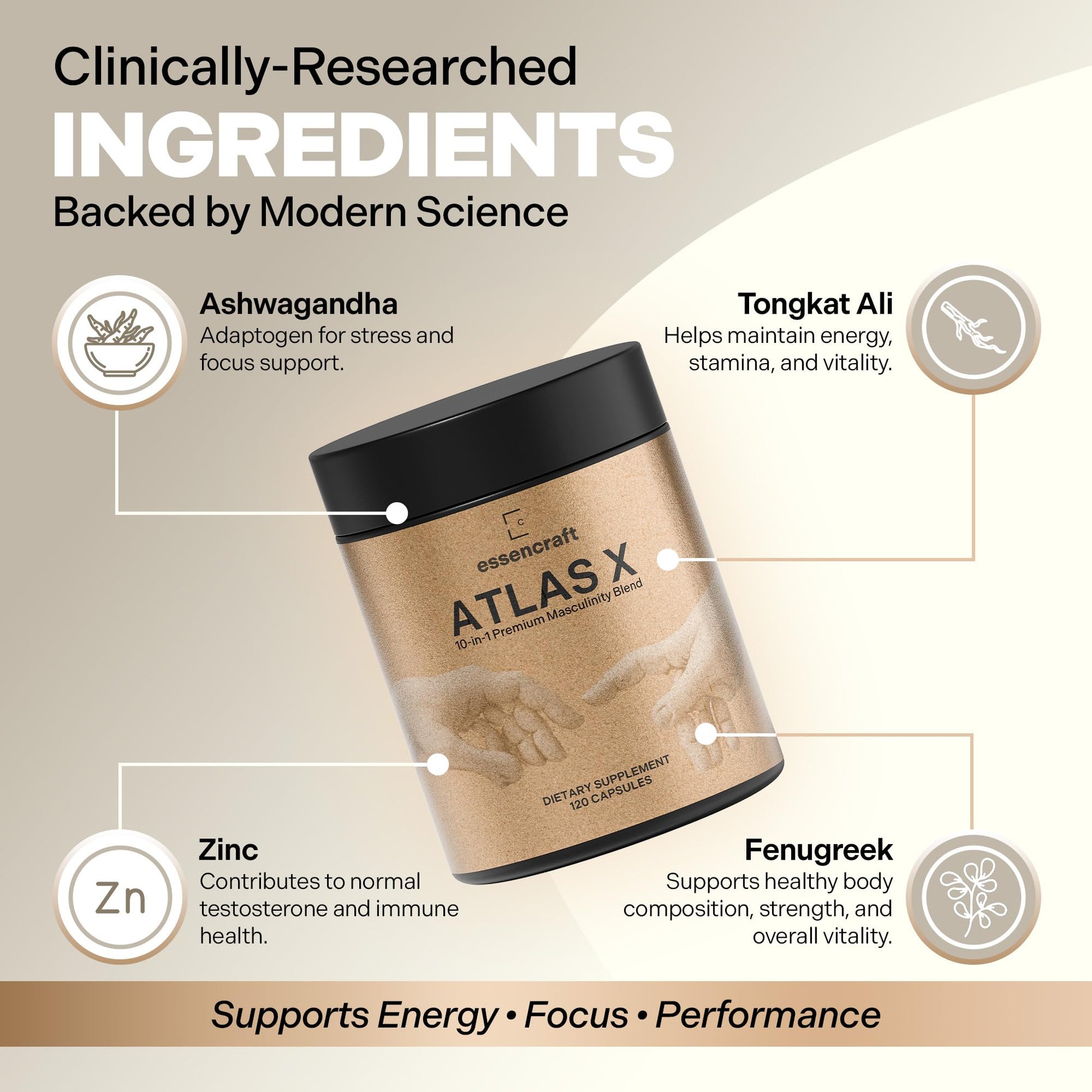 Essencraft Atlas X Testosterone Supplement for Men – 10-in-1 Natural Testosterone Booster & Muscle Booster w/Shilajit, Zinc, Tongkat Ali, & More (120 Capsules) Essencraft Au supplements