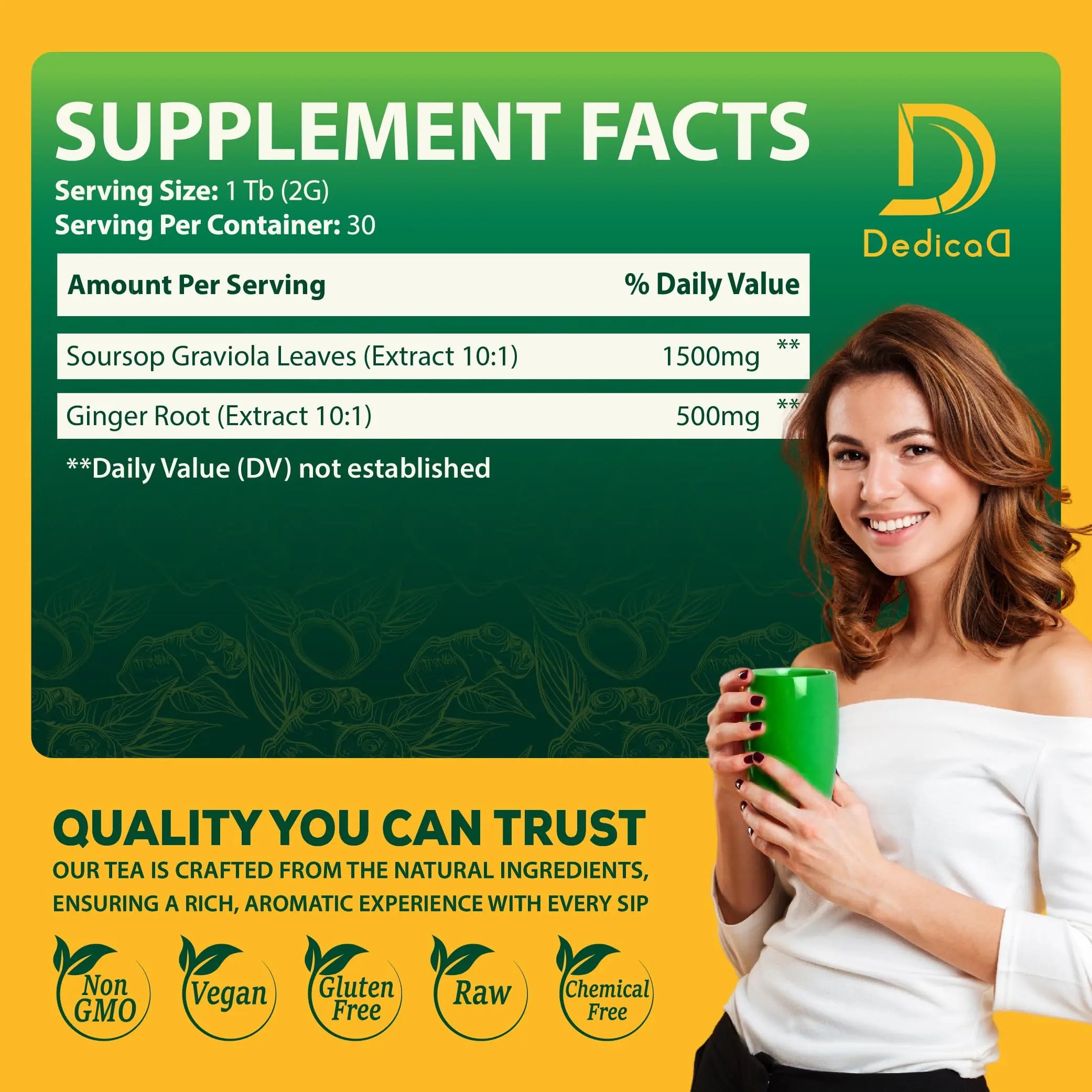 DEDICAD Soursop Leaves Tea Bags with Ginger, 30 Tea bags, 2gr/bag - Non-GMO/Caffeine free - Support Digestion, Well Skin, Immune System DEDICAD Au supplements