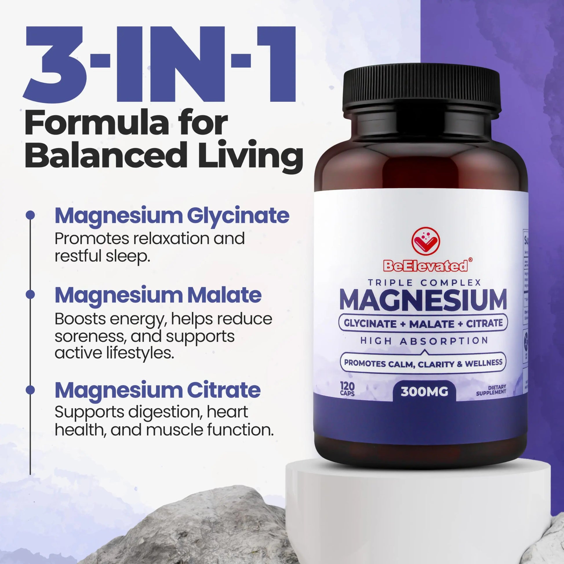 BeElevated High Absorption Triple Magnesium Complex for Sleep, Relaxation & Muscle Support – 300mg of Magnesium Glycinate, Citrate & Malate – Gentle on Stomach – Non-GMO, Vegan – 120 Capsules BeElevated Au supplements