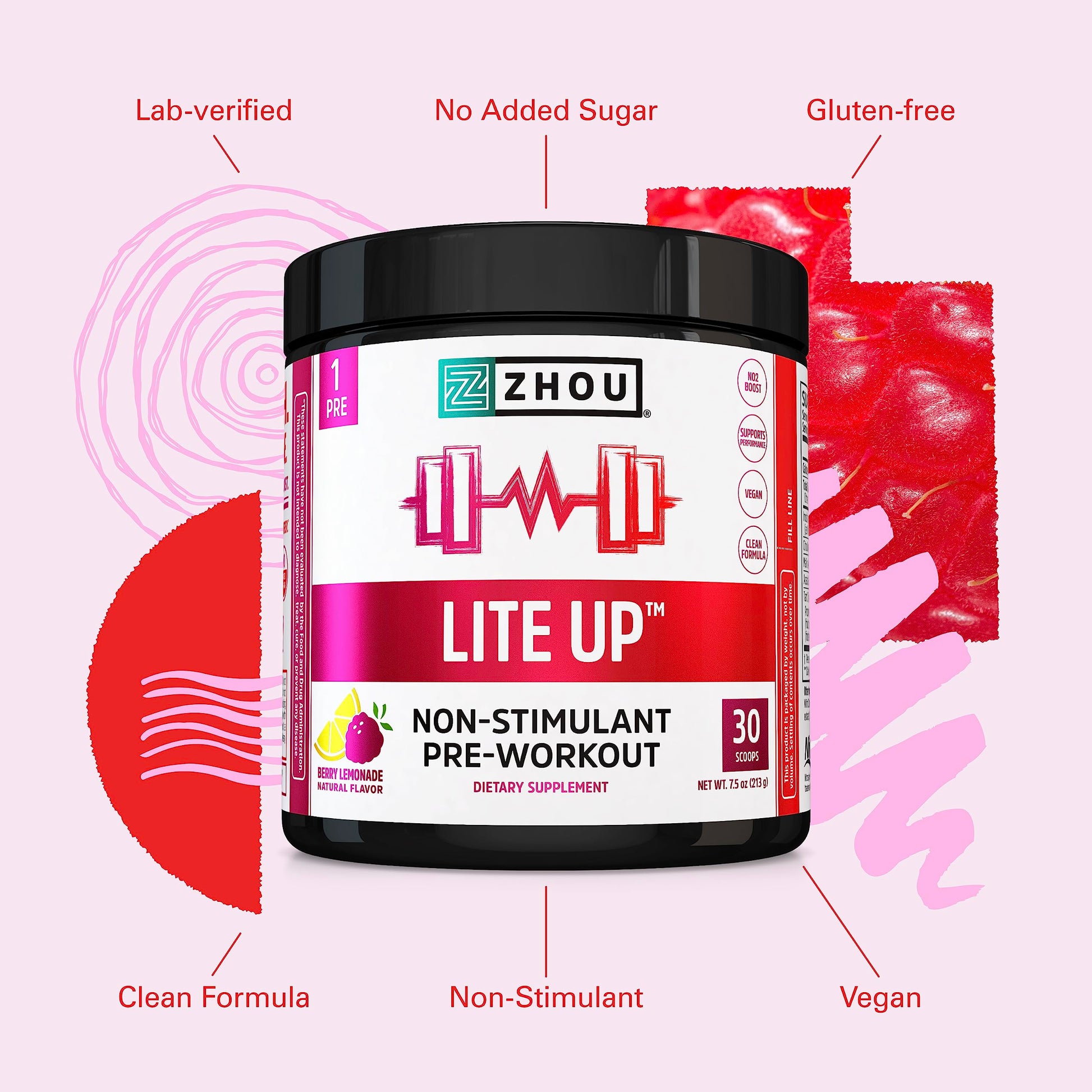 Zhou Nutrition Lite Up, Non-Stimulant Pre Workout Powder, Caffeine Free Nitric Oxide Zhou Nutrition Au supplements