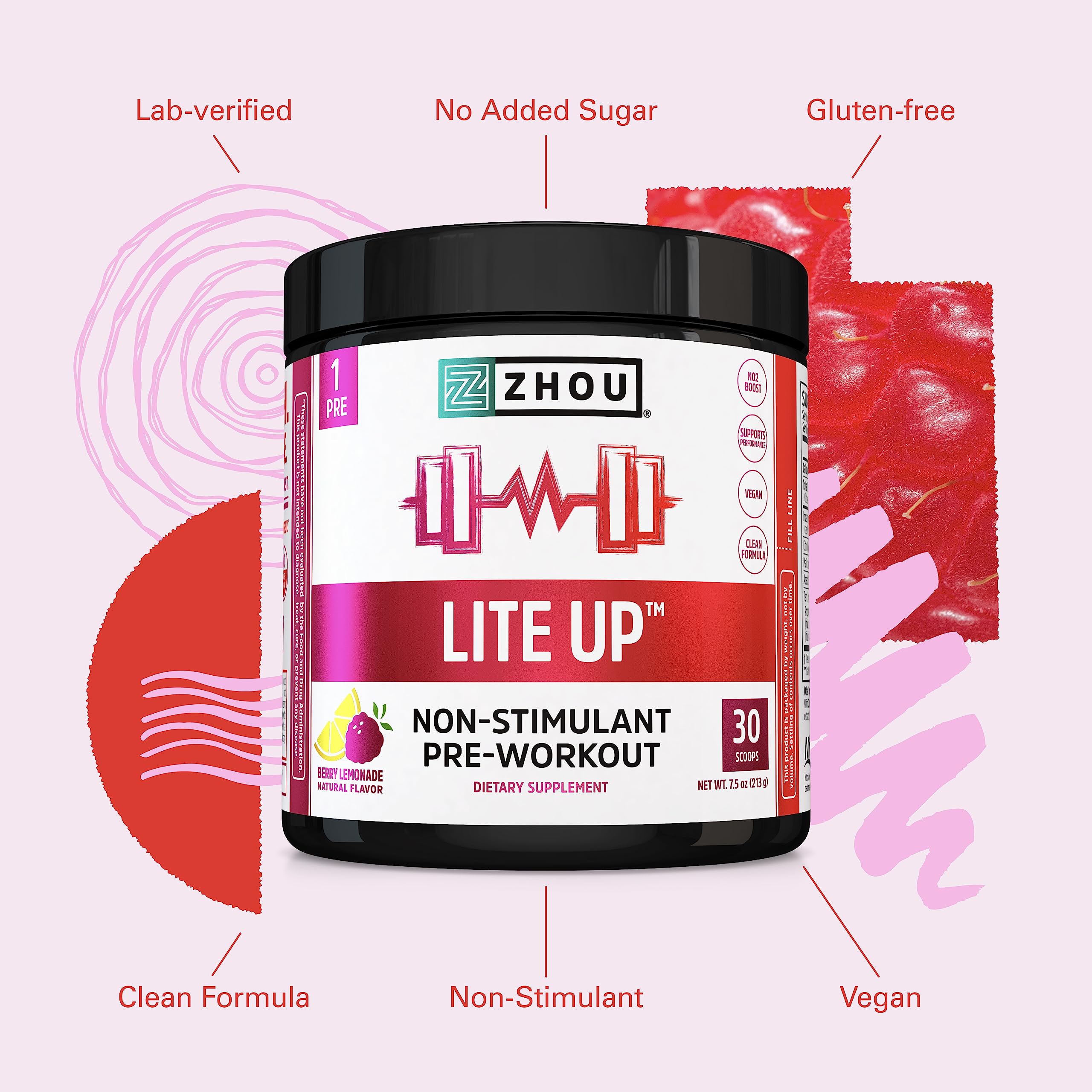 Zhou Nutrition Lite Up, Non-Stimulant Pre Workout Powder, Caffeine Free Nitric Oxide Zhou Nutrition Au supplements
