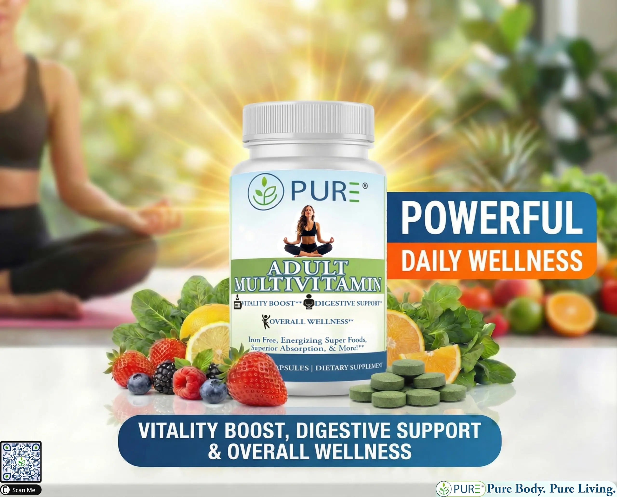 PURE Adult Multivitamin with Vitamins A, C, D3, B12, Minerals, Digestive Enzymes, 90 Capsules, 30 Servings PURE Au supplements