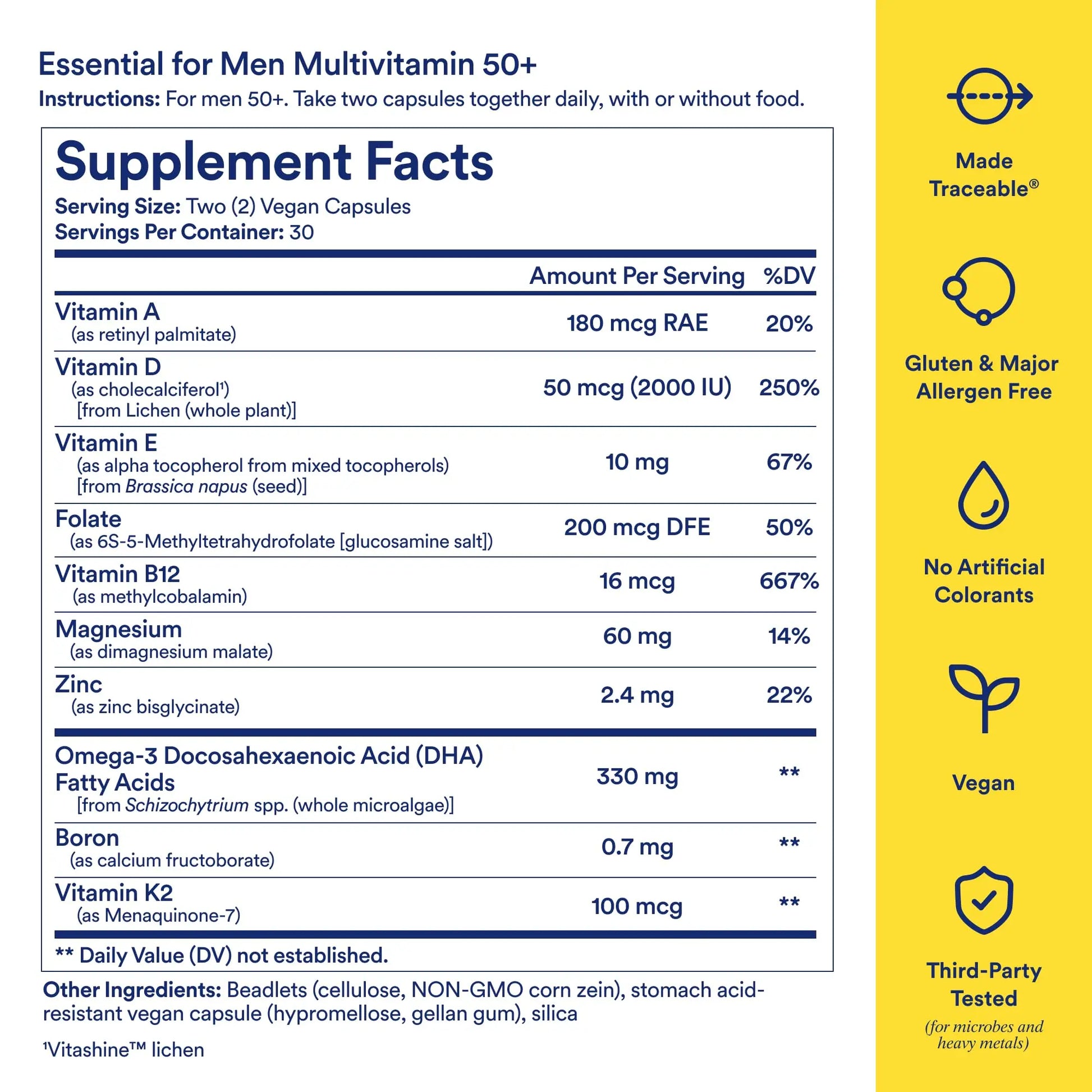 Ritual Multivitamin for Men 50+, Vegan, with Zinc, Vitamin A and D3 for Immune Function Support*, Omega-3 DHA, B12, K2, Gluten Free, Non-GMO, Mint Essenced, 30 Day Supply Ritual Au supplements