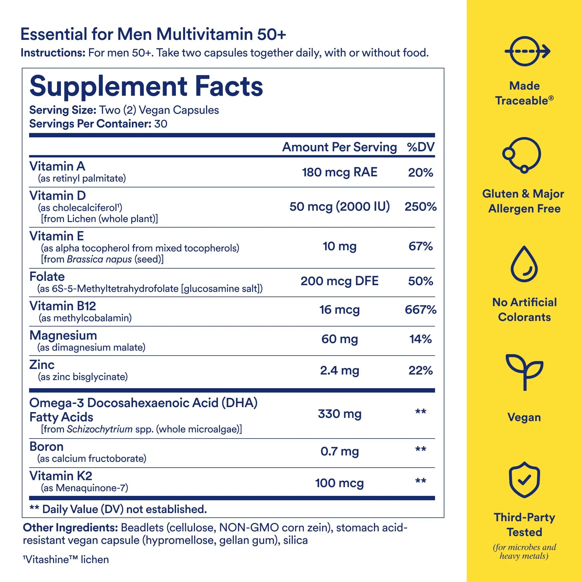 Ritual Multivitamin for Men 50+, Vegan, with Zinc, Vitamin A and D3 for Immune Function Support*, Omega-3 DHA, B12, K2, Gluten Free, Non-GMO, Mint Essenced, 30 Day Supply Ritual Au supplements
