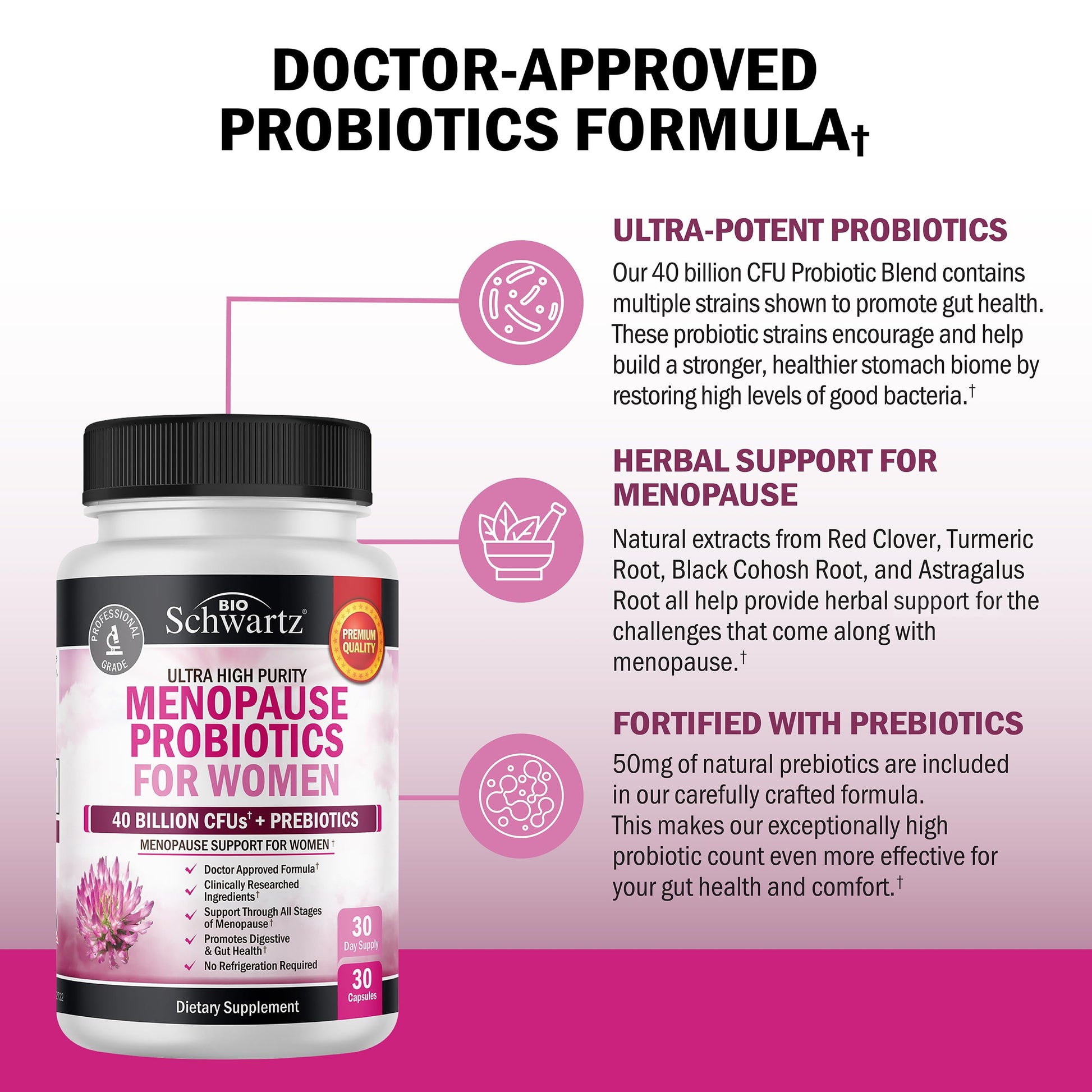 Menopause Supplements for Women - 40 Billion CFU Menopause Probiotics for Women - Support for Hot Flashes Night Sweats Mood Swings and Balance - Non-GMO, 30 Easy-Swallow Capsules, 30 Servings BioSchwartz Au supplements