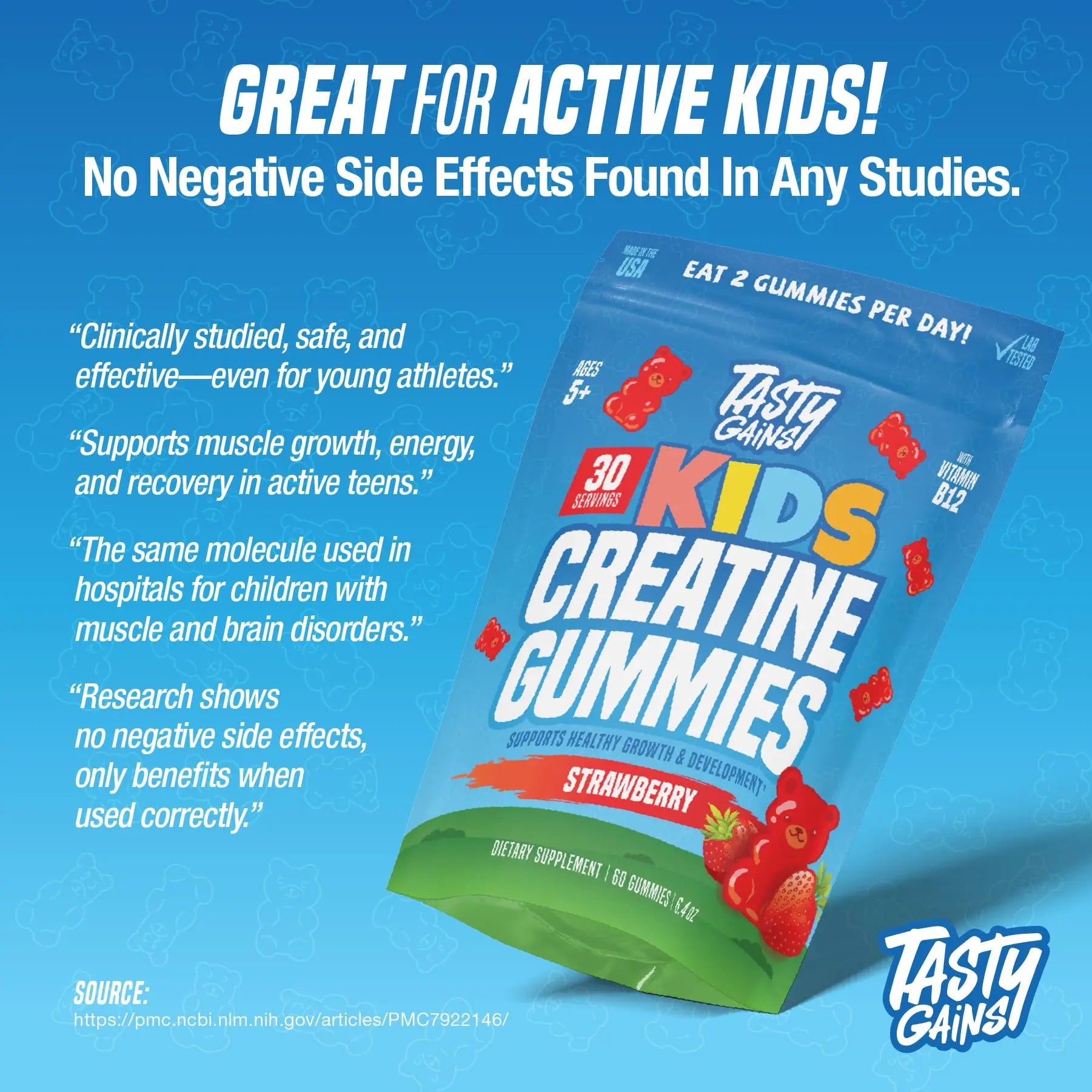 TASTY GAINS Kids & Teen Creatine Gummies with Vitamin B12 for Growth Support, Easy Chew Daily Supplement, Gummy Vitamins for Kids and Teens, Ages 5+ TASTY GAINS Au supplements