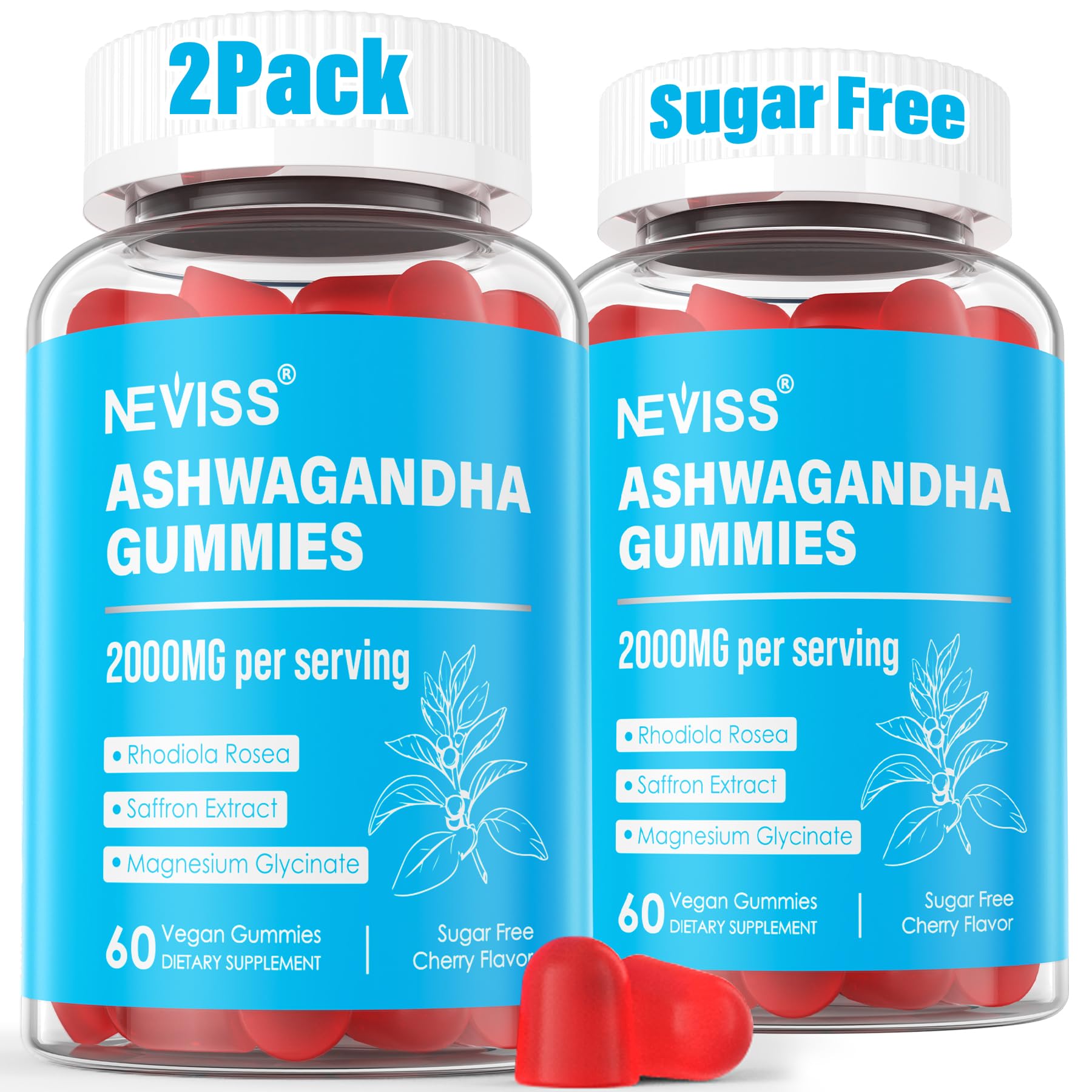 Ashwagandha Gummies, Magnesium Glycinate Gummies 2000mg for Adults, Vitamin B6, Zinc, Rhodiola Rosea, Lemon Balm, Relaxation Support, Natural Zzz, Brain, Muscle, Stamina, Energy, Sugar Free NEVISS Au supplements