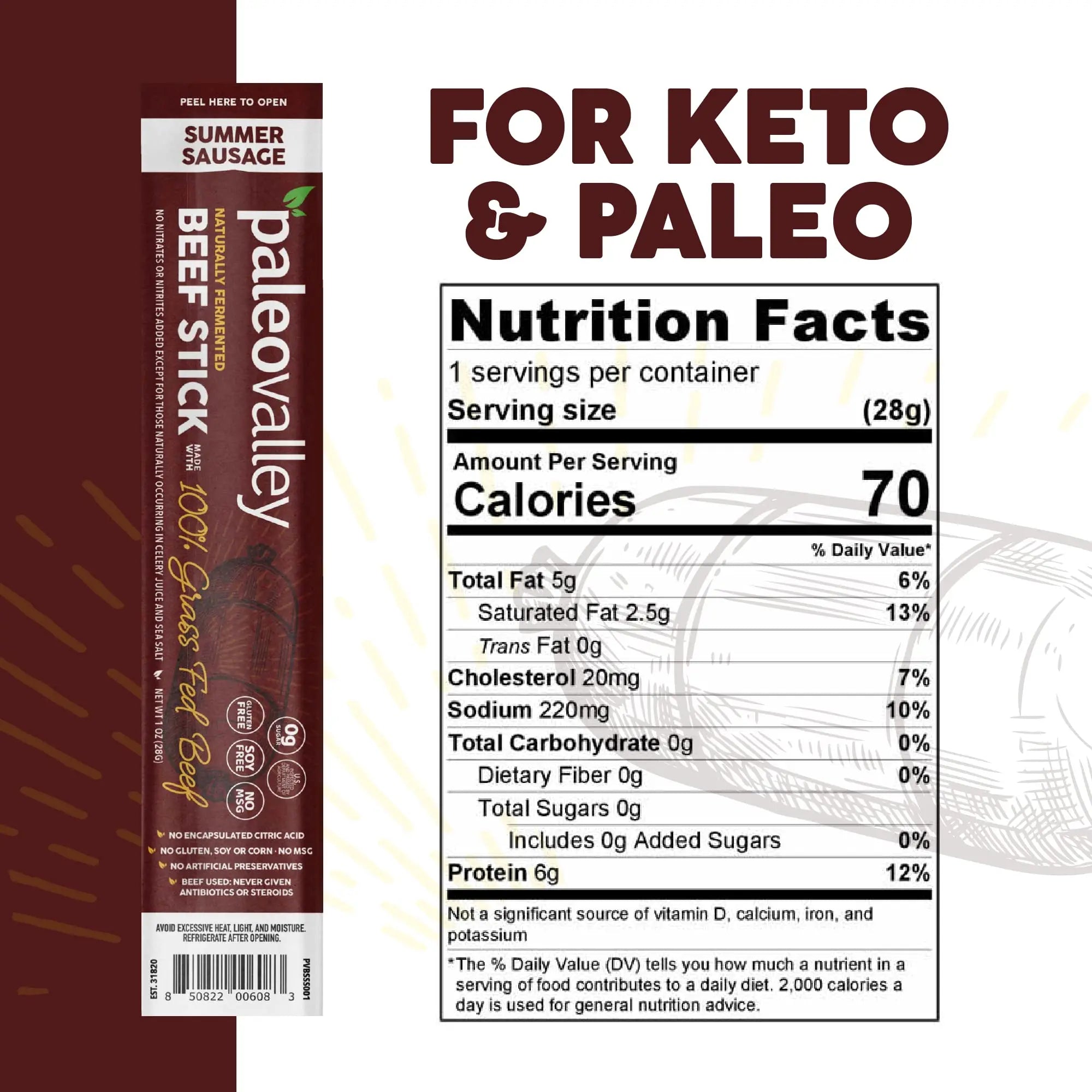 Paleovalley 100% Grass Fed Summer Sausage Beef Sticks - Delicious Gluten Free Beef Snack - High Protein Keto Friendly Paleovalley Au supplements