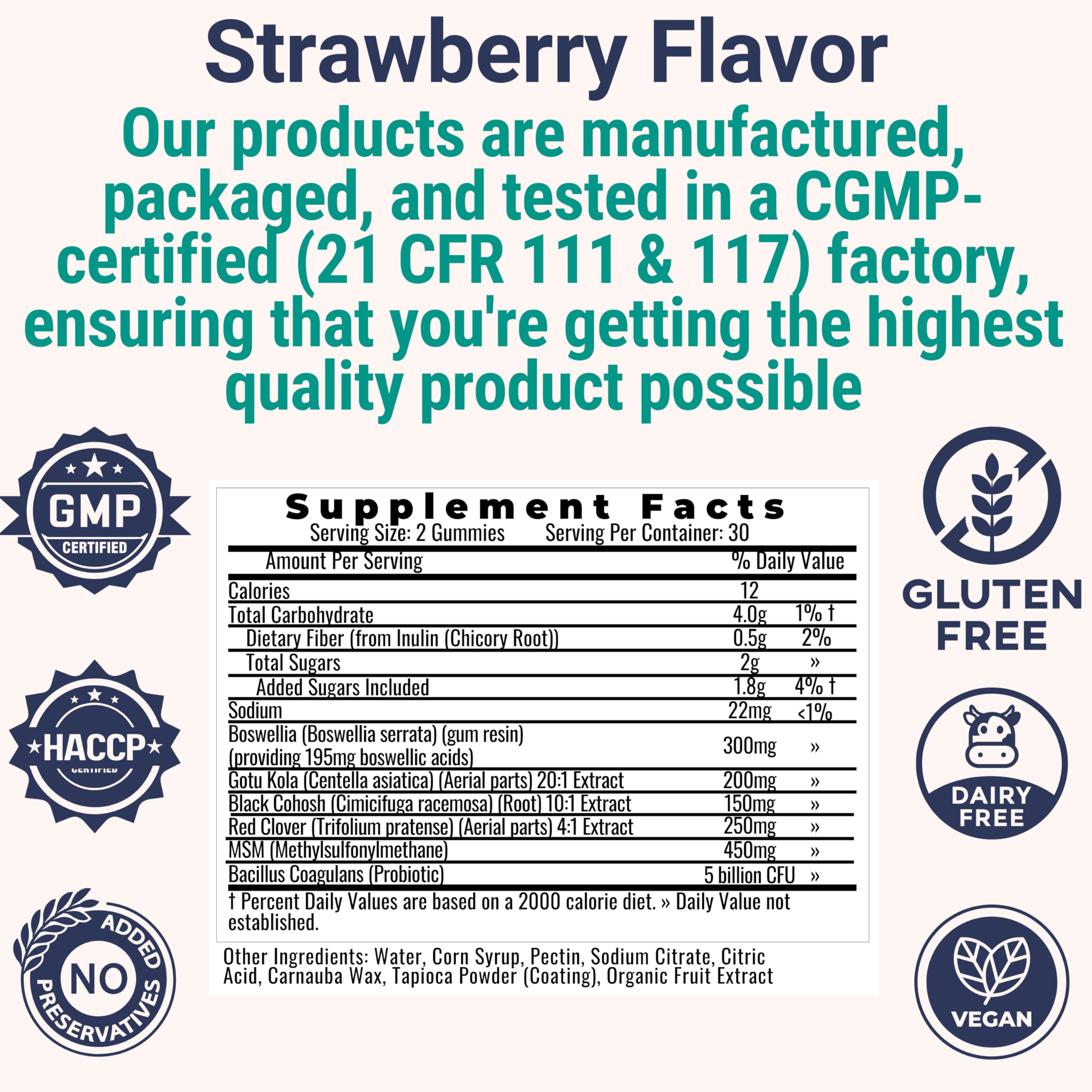 Boswellia Serrata Black Cohosh Gotu Kola Red Clover Extract Complex Gummies w. Probiotic Fiber (Chicory Root Inulin) MSM Methylsulfonylmethane, Supplement Alt for Organic Powder Capsules Tincture SHIZAM Au supplements