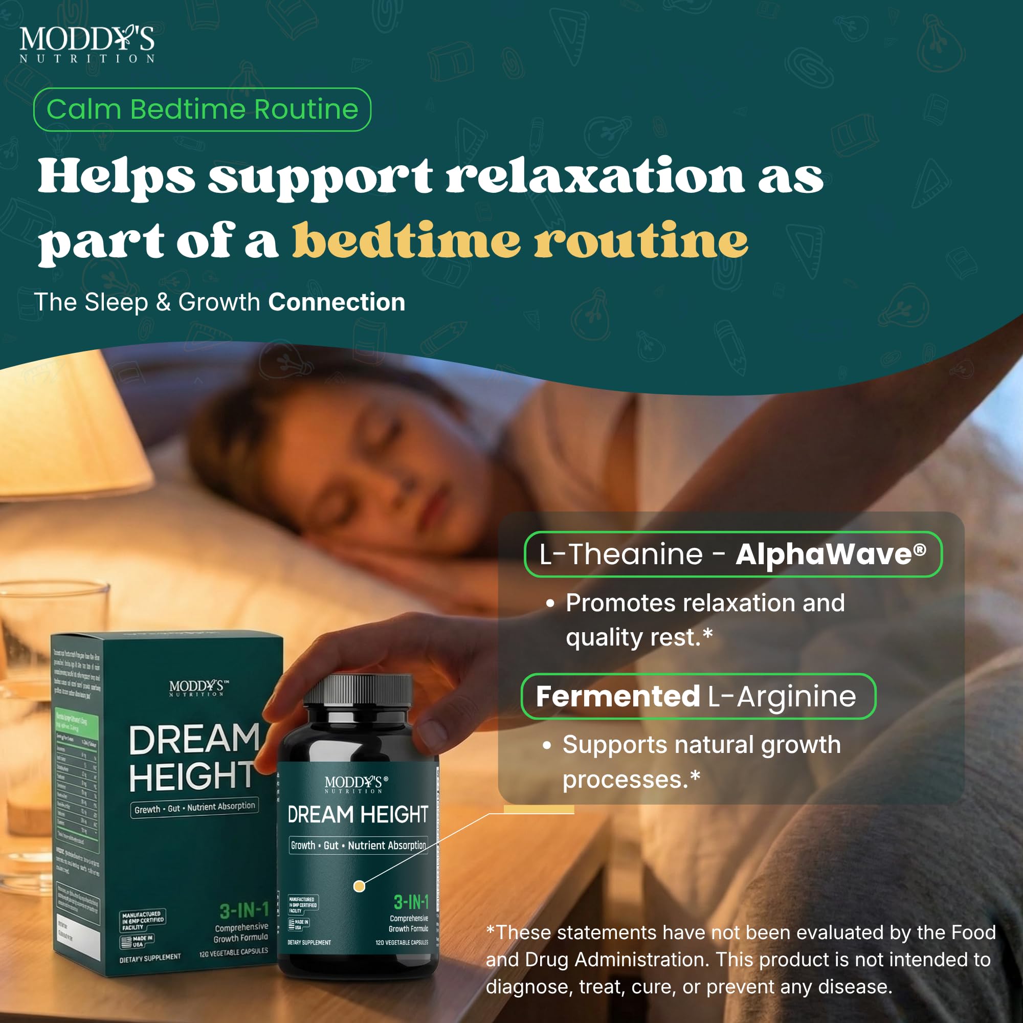 Moddy's Nutrition DreamHeight Growth Supplement for Kids & Teens, Bone, Immune & Sleep Support, Clinically Studied Formula, 120 Small Easy-to-Swallow Capsules Moddy's Nutrition Au supplements