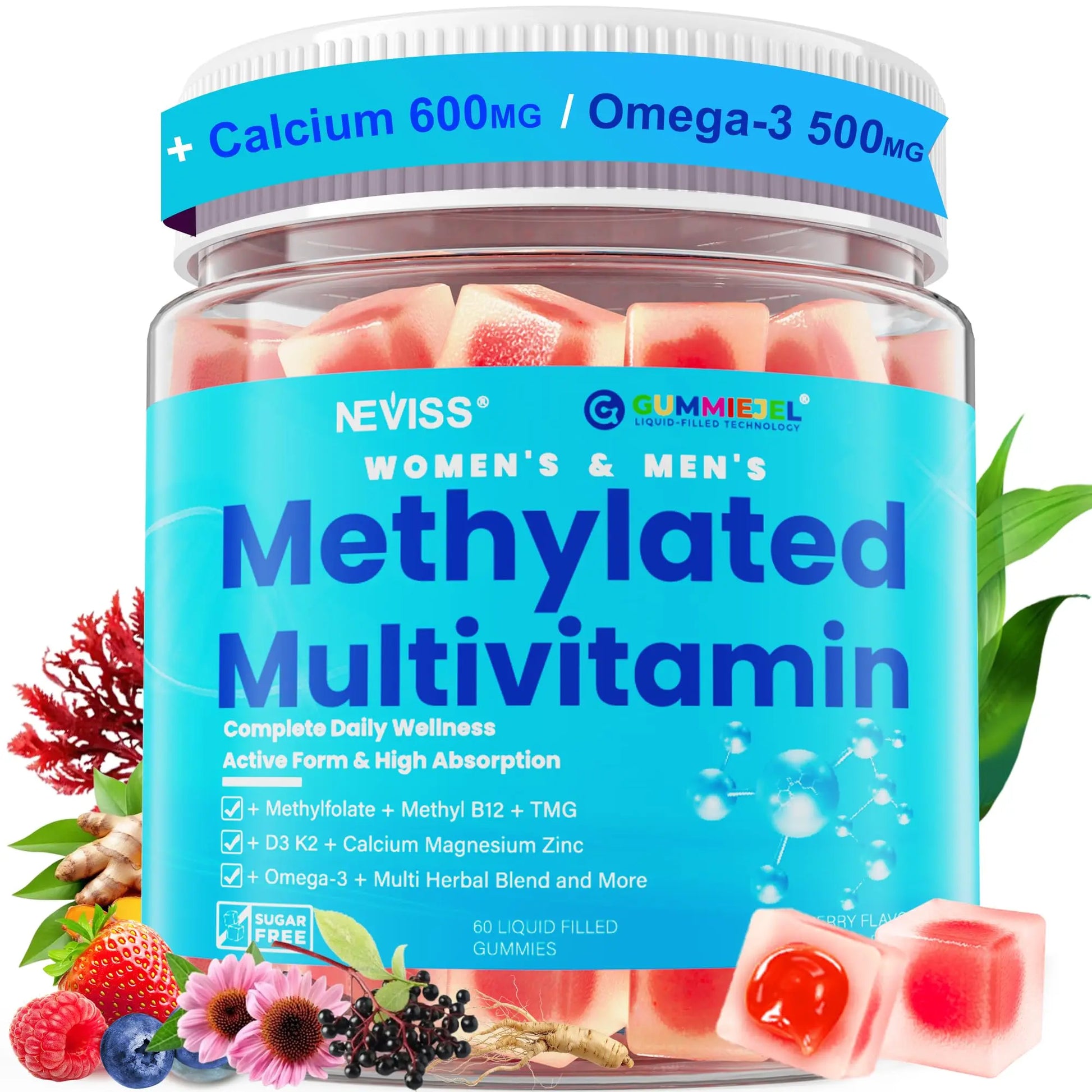 Methylated Multivitamin for Women & Men Gummies w/ Omega-3, Calcium, D3 K2, Methylfolate & B12, TMG, Daily Vitamins, Mag, CoQ10, Probiotic for 18 30 40 50 60 70+, Overall Health - Vegan, Sugar Free NEVISS Au supplements