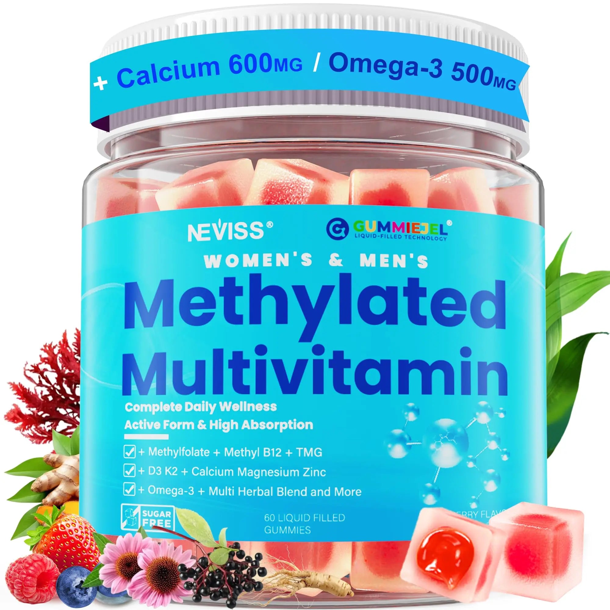 Methylated Multivitamin for Women & Men Gummies w/ Omega-3, Calcium, D3 K2, Methylfolate & B12, TMG, Daily Vitamins, Mag, CoQ10, Probiotic for 18 30 40 50 60 70+, Overall Health - Vegan, Sugar Free NEVISS Au supplements