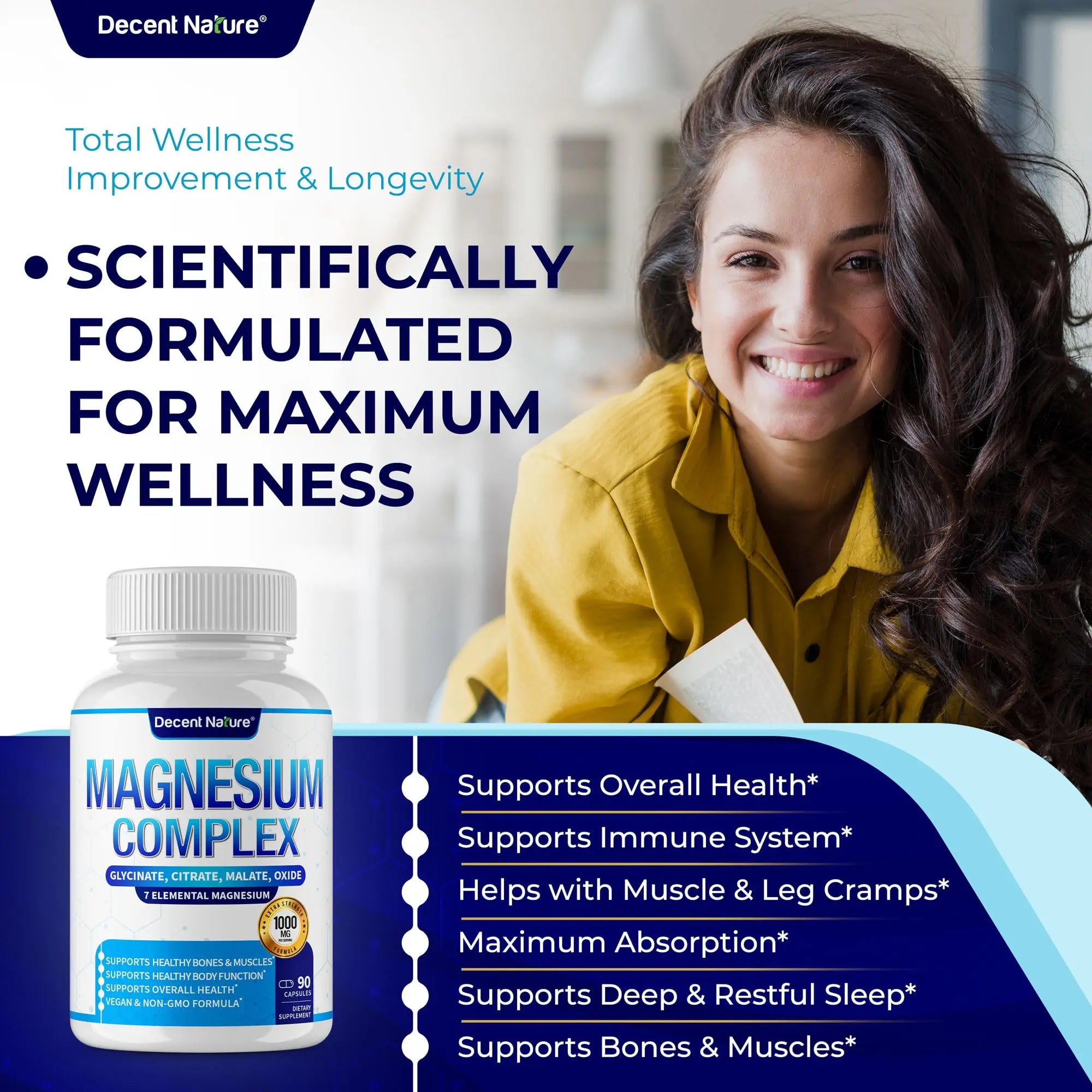 Magnesium Complex 7 Elemental Magnesium Supplement 1000mg – Magnesium Glycinate, Citrate, Malate, Taurate, Oxide, Aspartate, Orotate Non-GMO 90 Capsules DECENT NATURE Au supplements