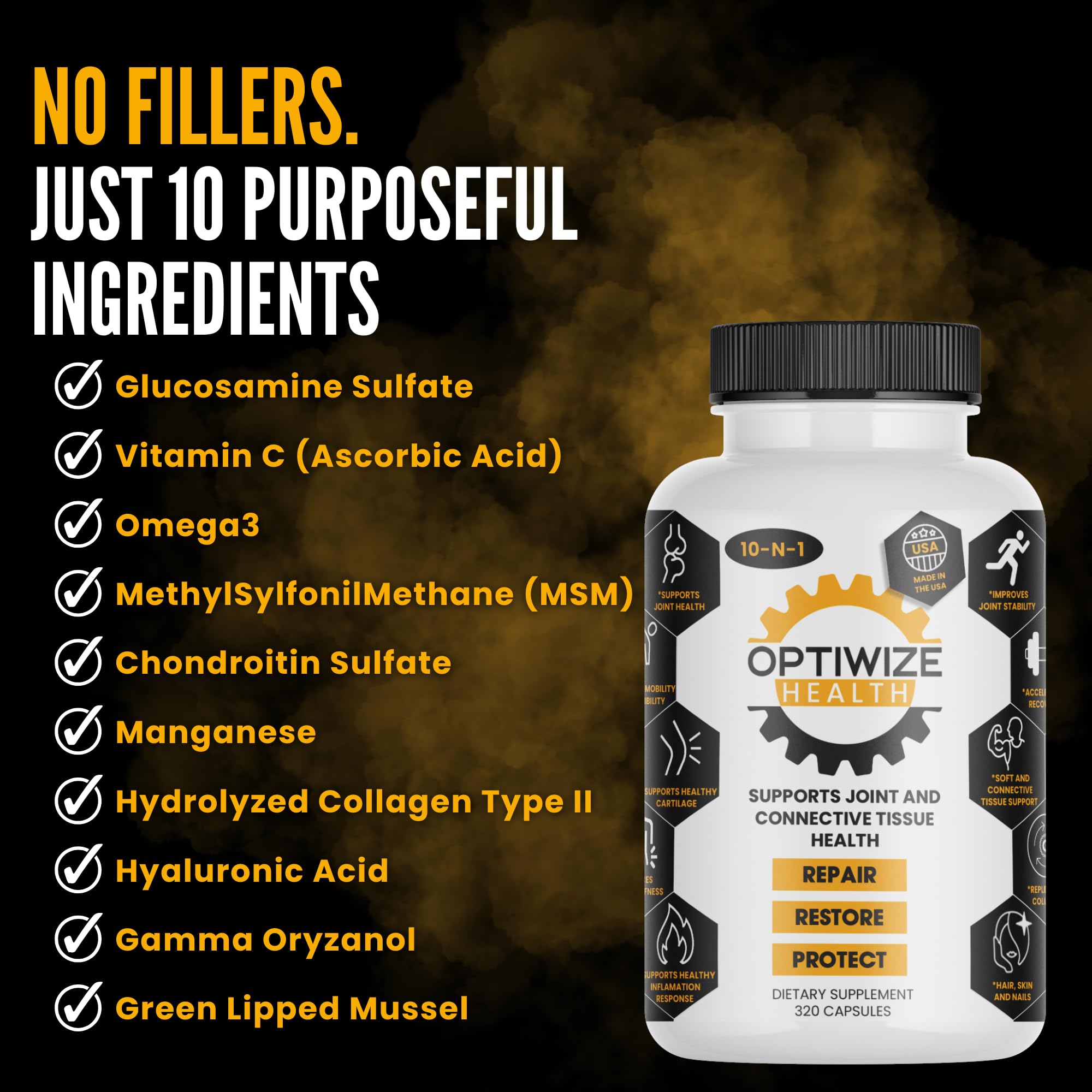 OptiWize 10-N-1 Joint Support Hydrolyzed Collagen,MSM, Hyaluronic Acid, Glucosamine,Chondroitin & More- Targets Joint Discomfort, Improves Mobility & Flexibility 320 Caps for Men & Women Made in USA OptiWize Au supplements