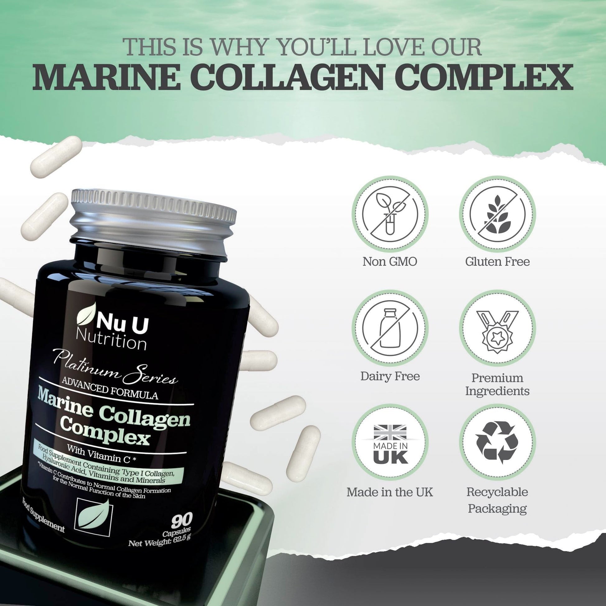 Marine Collagen with Hyaluronic Acid, Vitamin C - 90 Hydrolysed Capsules (not Tablets Nu U Nutrition Au supplements