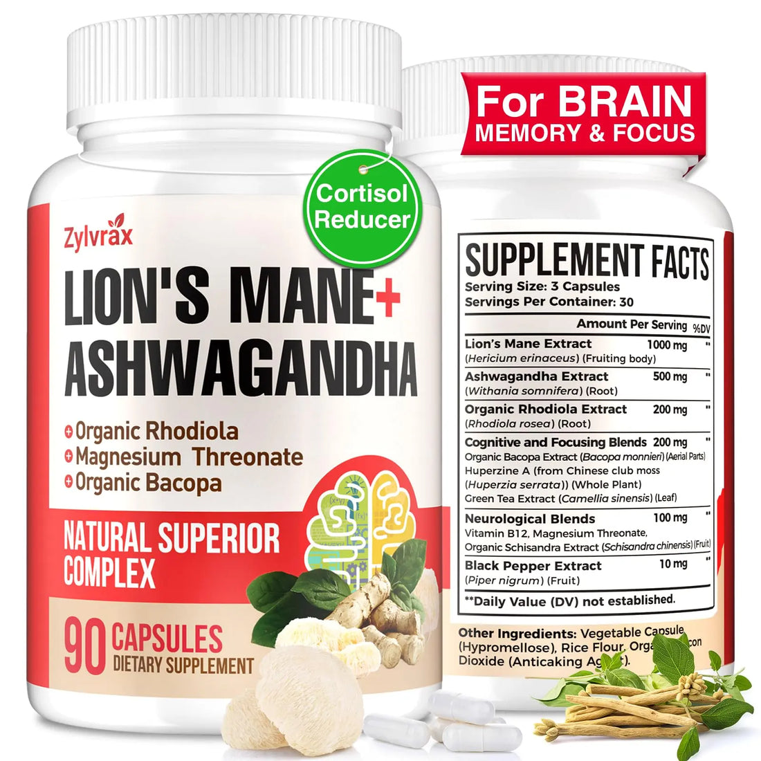 Ashwagandha & Lions Mane Supplements Capsules, Brain Supplements for Memory and Focus, Ashwagandha with Rhodiola Rosea for Cognitive, Immune Support, Cortisol Supplements for Women, 90 Capsules Zylvrax uk supplements