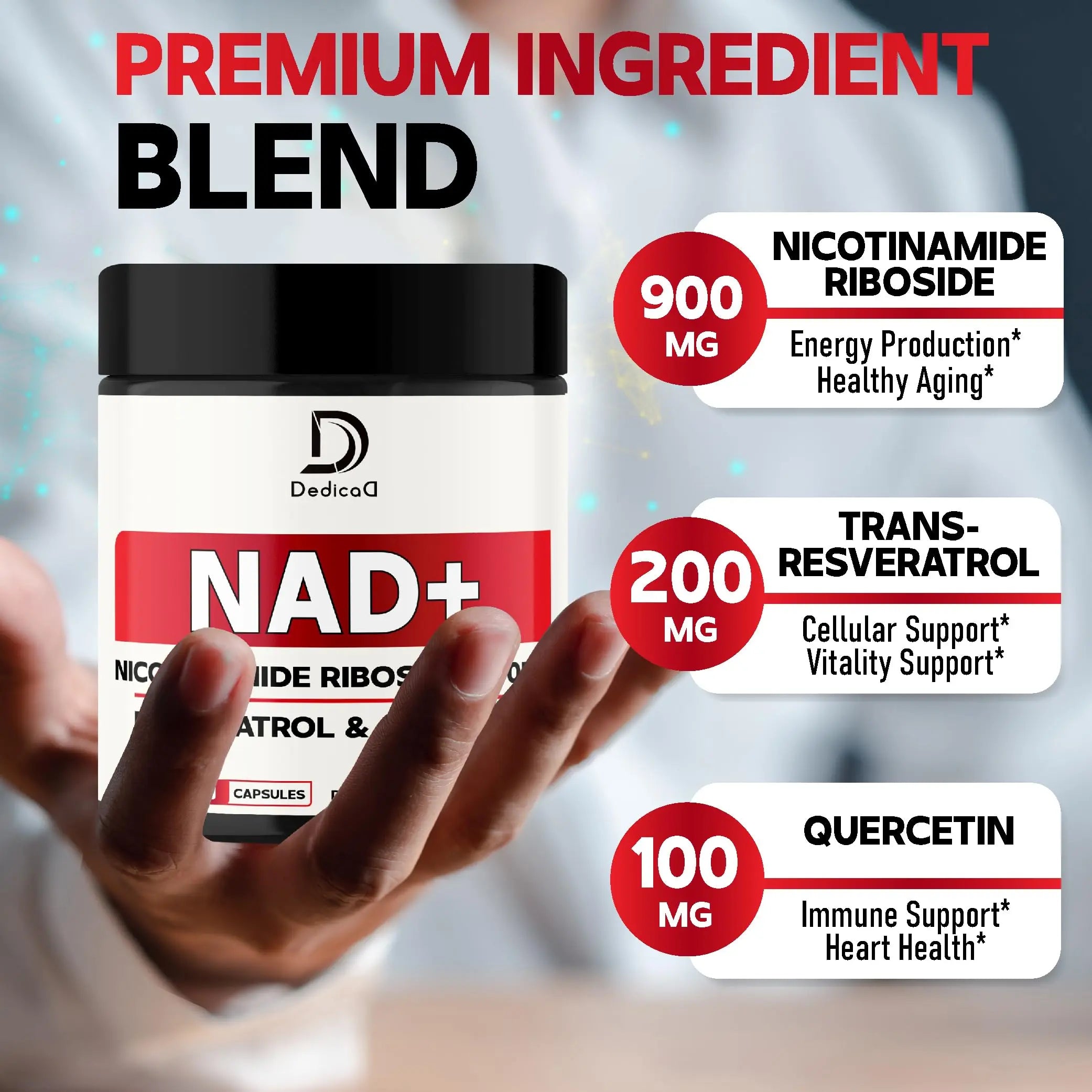 DEDICAD NAD Supplement with Nicotinamide Riboside, Trans-Resveratrol, Quercetin - Cellular Energy & Repair, Vitality, Healthy Aging - 60 Count DEDICAD Au supplements