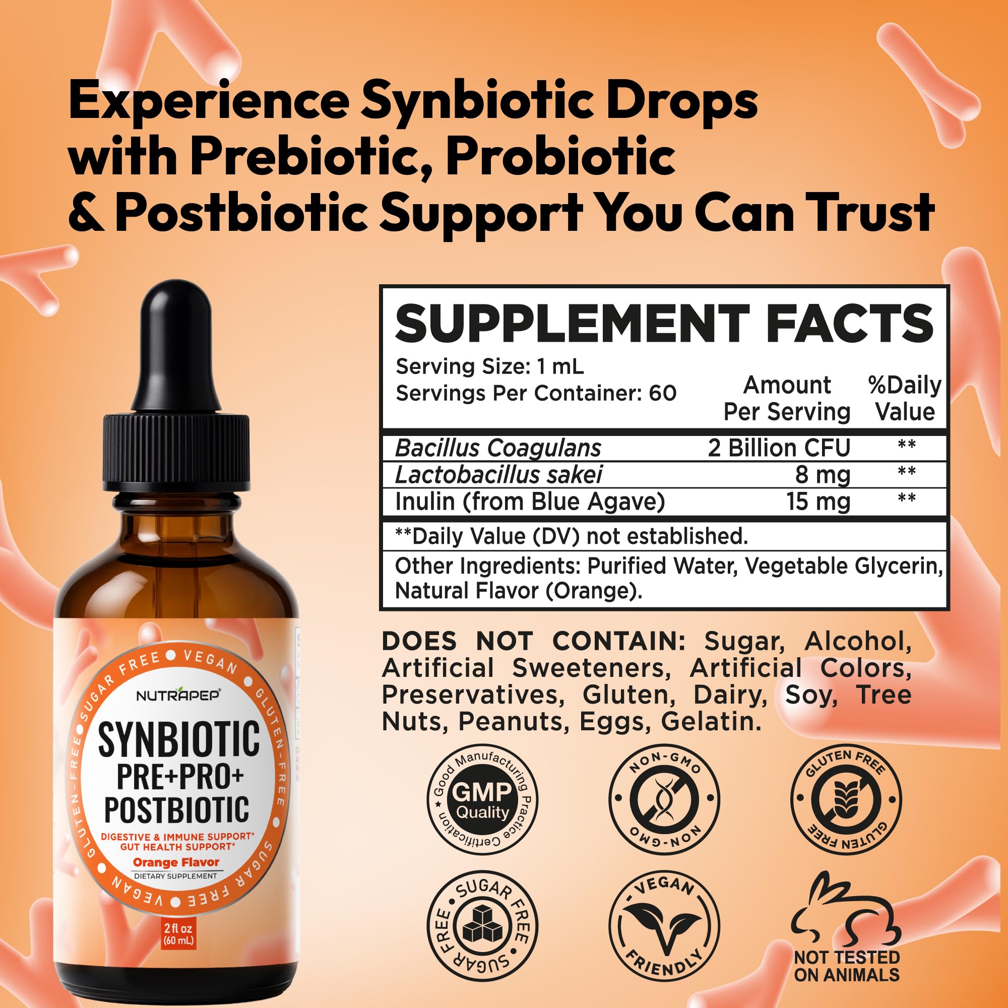 NutraPep Synbiotic Liquid Drops - Probiotic Prebiotic & Postbiotic Supplement for Adults Kids Ages 4+ - Daily Synbiotic for Gut Health Digestive & Immune Support - Vegan Gluten-Free Sugar-Free 2 fl oz NutraPep Au supplements