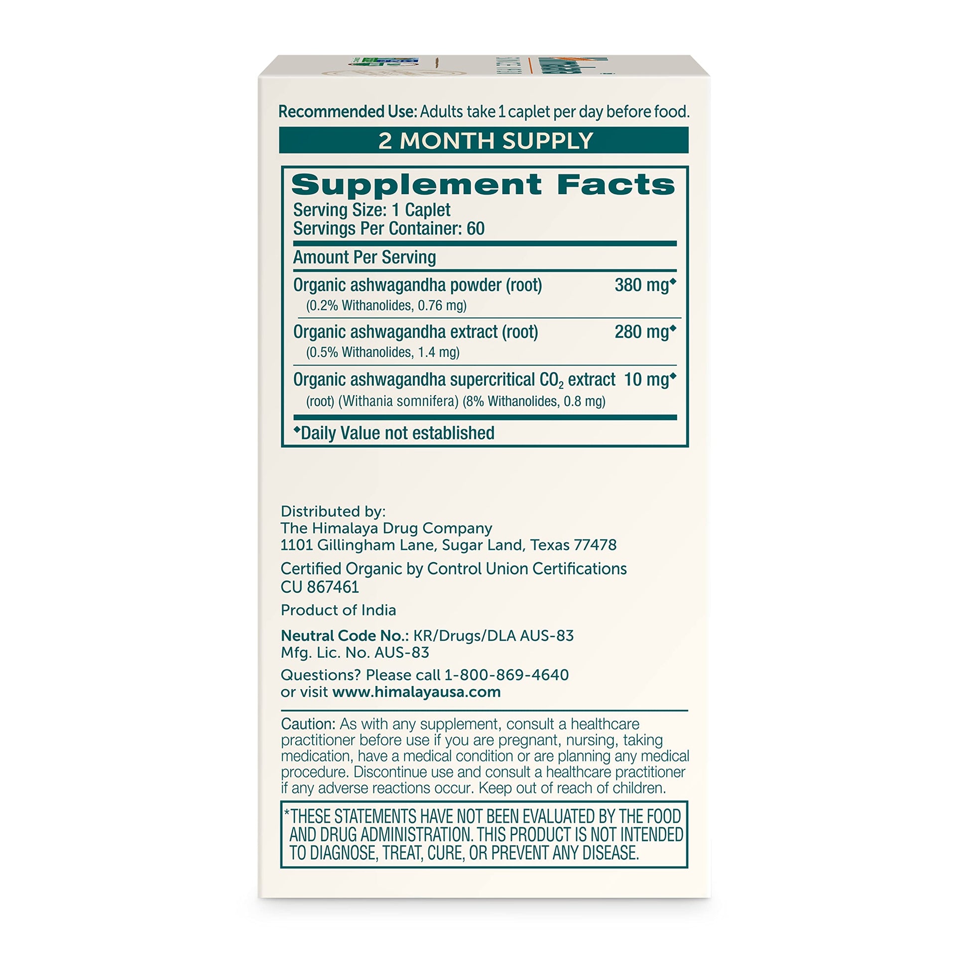 Himalaya Organic Ashwagandha Root - Adrenal Support, Stress Relief, Vegan, Non-GMO - 670 mg, 60 Caplets Himalaya Au supplements