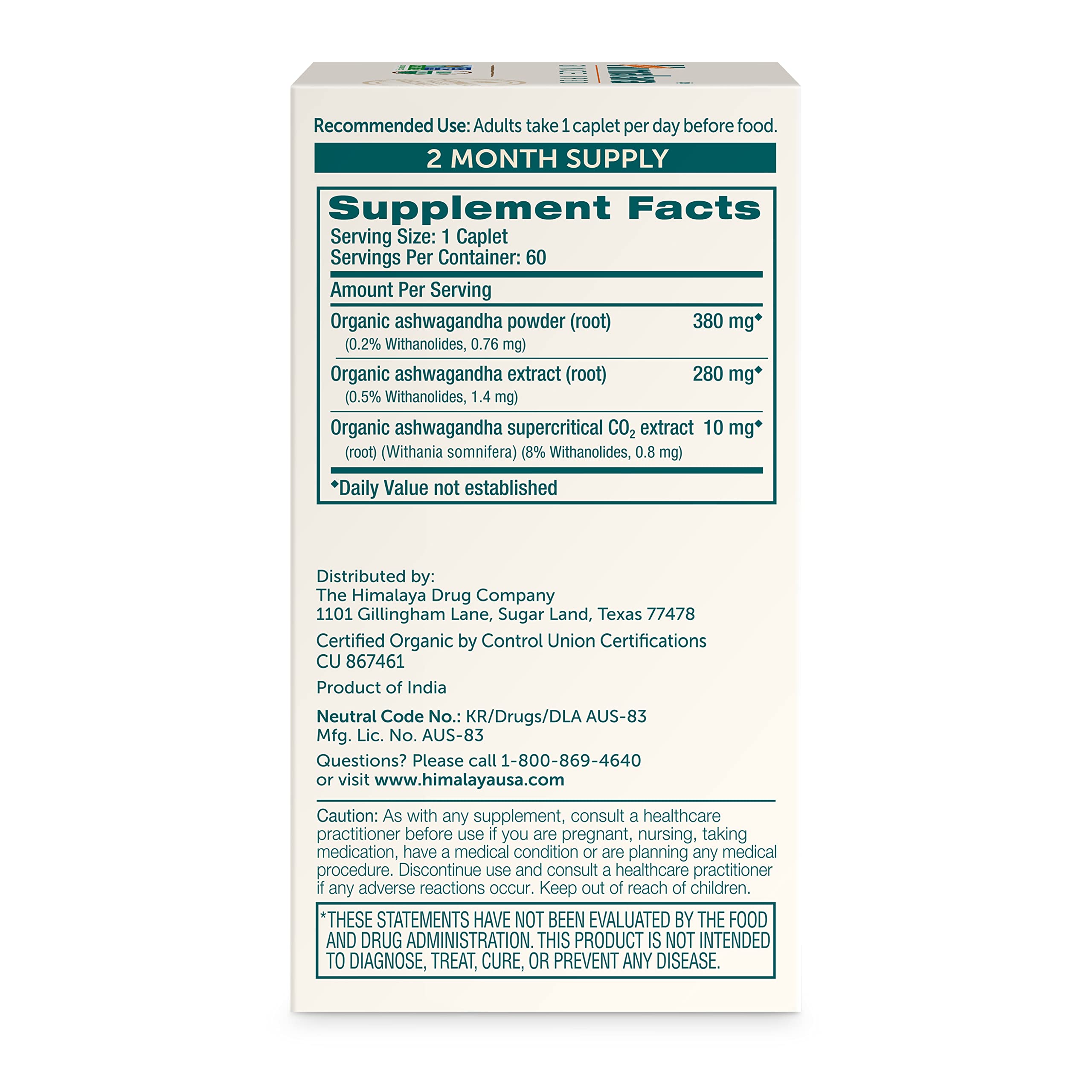 Himalaya Organic Ashwagandha Root - Adrenal Support, Stress Relief, Vegan, Non-GMO - 670 mg, 60 Caplets Himalaya Au supplements
