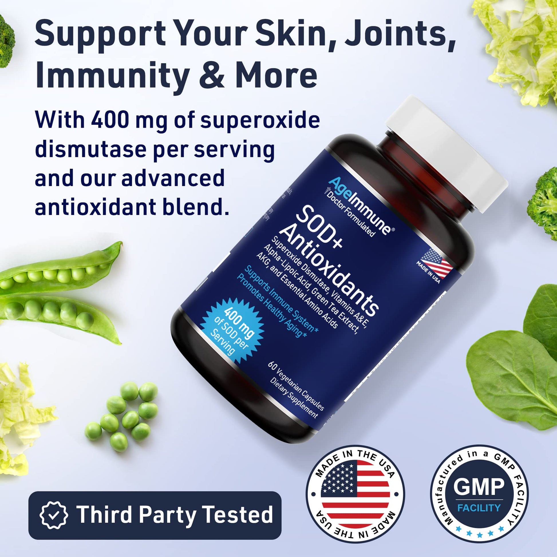 SOD Antioxidants Complex Healthy Aging Supplement - 400mg of Superoxide Dismutase - Alpha Lipoic Acid - L-Arginine -Lysine - AKG - Vitamin A - Vitamin E for Immune Support-60 Capsules AgeImmune Au supplements