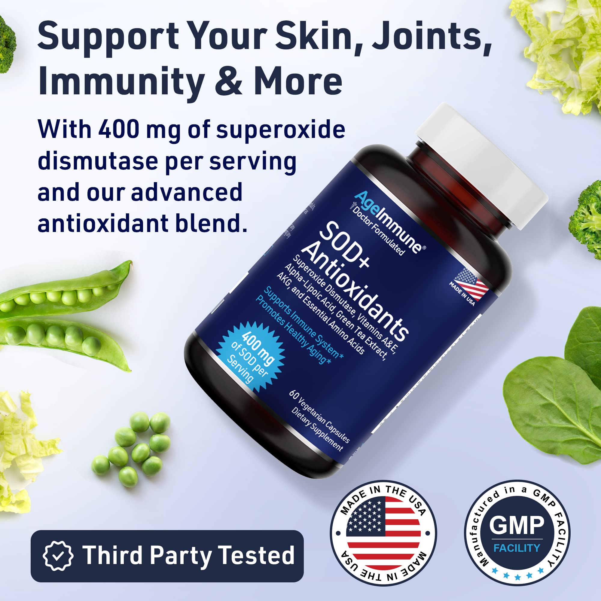 SOD Antioxidants Complex Healthy Aging Supplement - 400mg of Superoxide Dismutase - Alpha Lipoic Acid - L-Arginine -Lysine - AKG - Vitamin A - Vitamin E for Immune Support-60 Capsules AgeImmune Au supplements