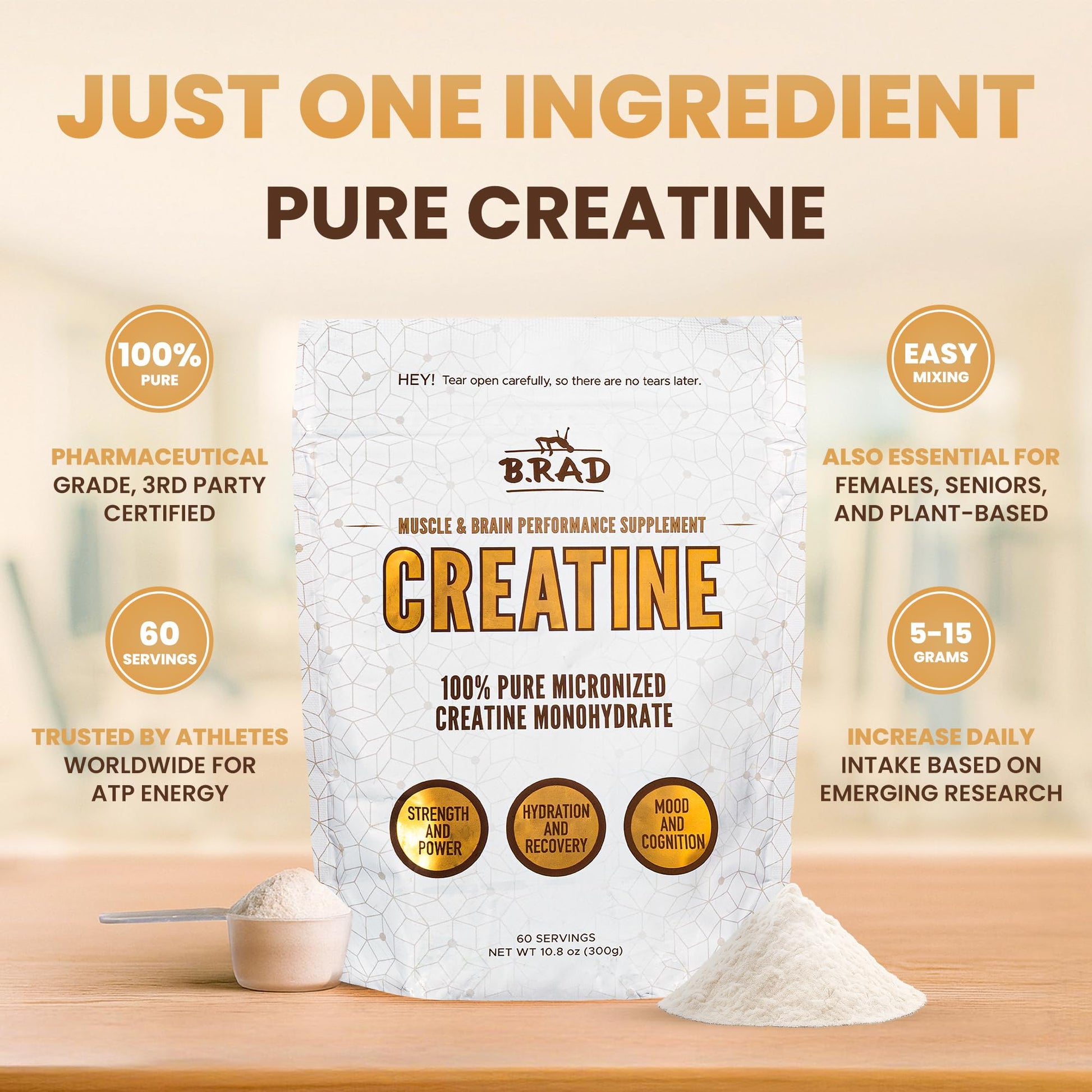 B.rad 100% Pure Micronized Creatine Monohydrate Powder | Natural, No Additives | Boosts Muscle Strength, Recovery & Performance | Supports Brain Health | 300g, 60 Servings B.rad Au supplements