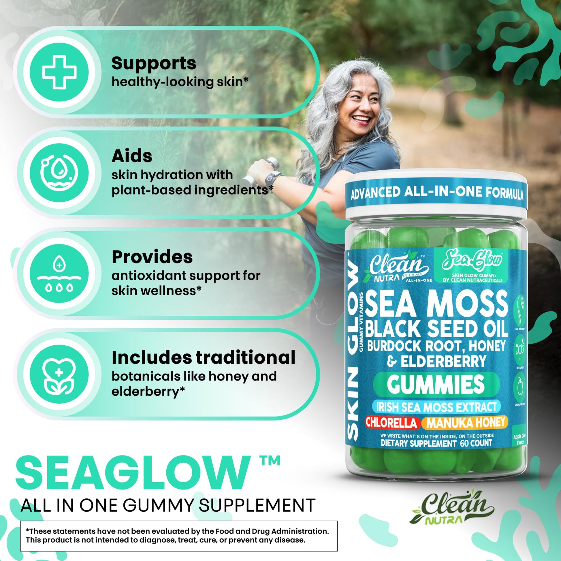 Clean Nutra Sea Moss Gummies Black Seed Oil Chlorella Ashwagandha Root Hair Growth Skin Glow Irish Sea Moss Elderberry Burdock Manuka Honey Trace Minerals Detox 60 Gummy Vitamins Sea Glow Supplement Clean Nutraceuticals Au supplements