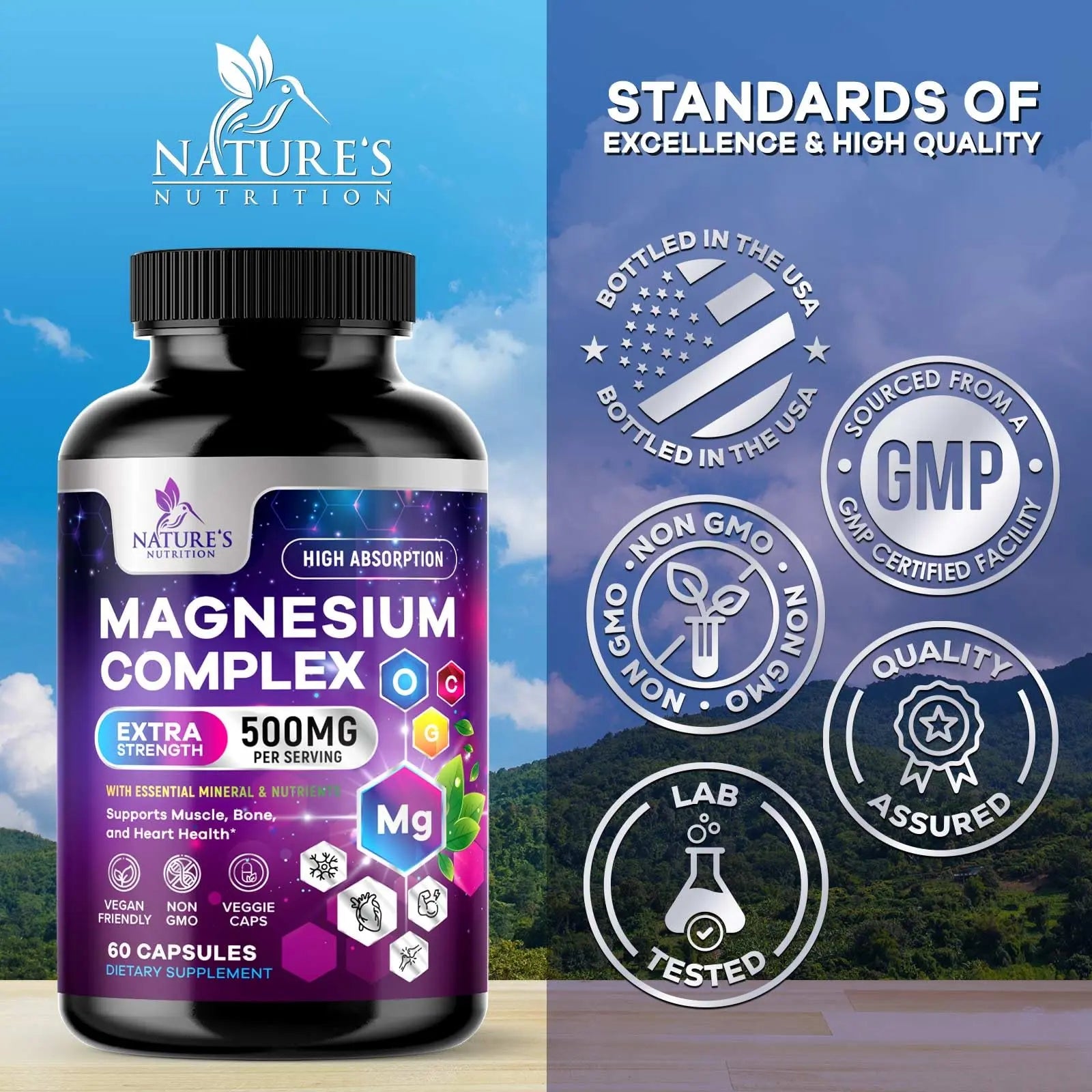 Magnesium Complex Supplement - Magnesium 500 mg Per Serving - 4 in 1 High Absorption Blend - 100% Chelated Magnesium Glycinate with Malate, Citrate & Oxide - Vegan Complex - USA Bottled - 60 Capsules Nature's Nutrition Au supplements
