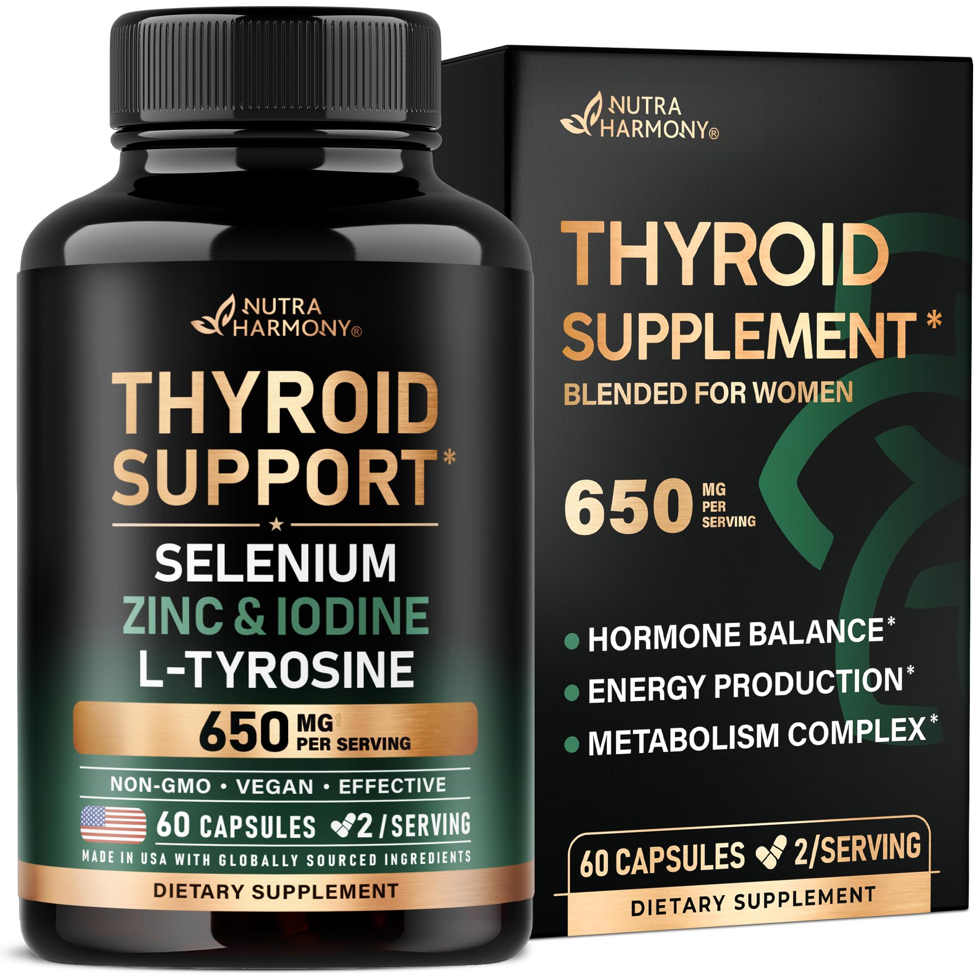 Thyroid Support for Women - Selenium 200 mcg | Astragalus | Zinc & Iodine | L-Tyrosine | Adaptogen Herbs - 21-in-1 Antioxidant & Immune Support - Made in USA - Vegan, Non-GMO, Lab Tested - 60 Capsules NUTRAHARMONY Au supplements