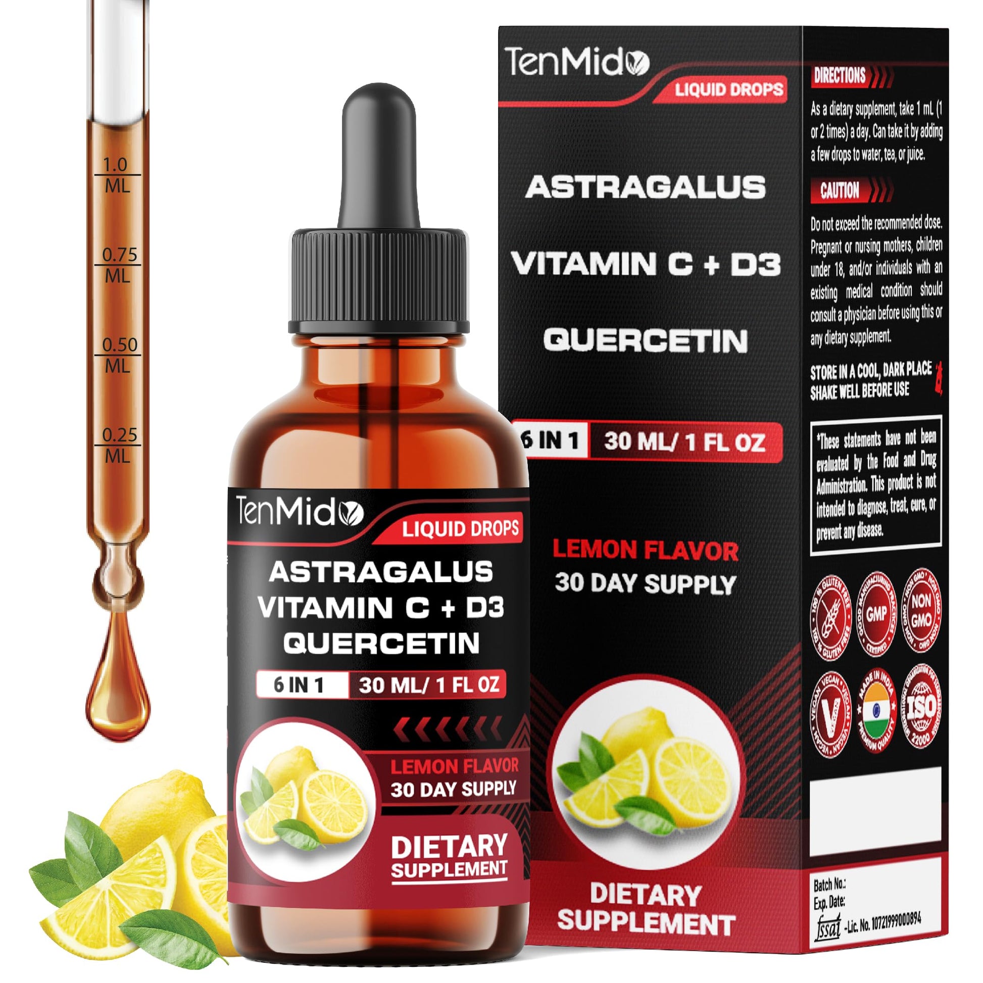 Tenmido 6-in-1 Astragalus Root Tincture - Herbal Extract Supplements with Quercetin, Rhodiola Rosea, Vitamin D3, Vitamin C, and Zinc - Vegan, Non-GMO - 30ml 1 Fl Oz Tenmido Au supplements