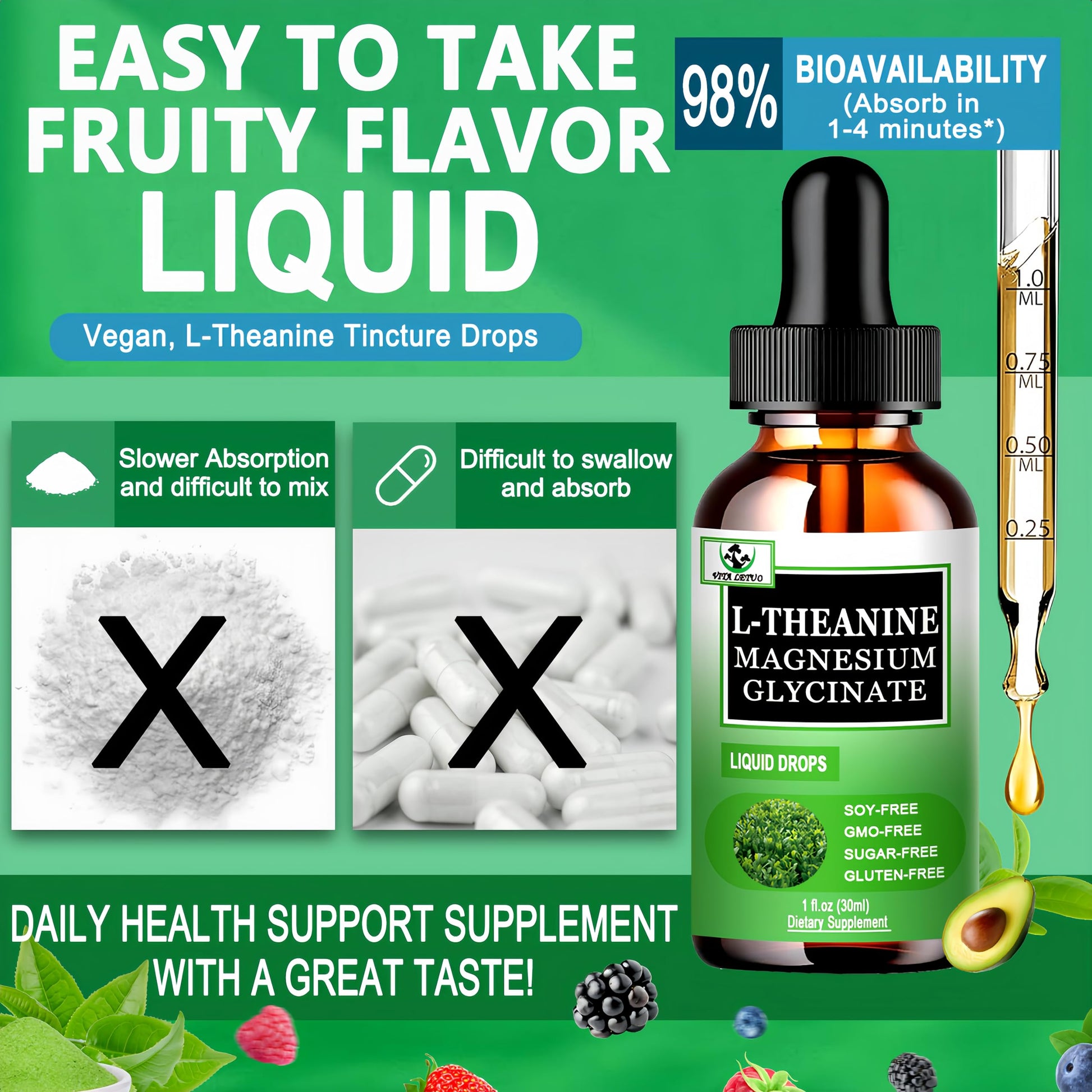 L Theanine Drops, Liquid L-Theanine Supplement 200mg w/Magnesium Glycinate,Vitamins,Fiber for Relaxation,Sleep,Digestion, Calm,High Absorption Mood Support for Adults & Kids,Plant Based,Non-GMO Vita letuo Au supplements