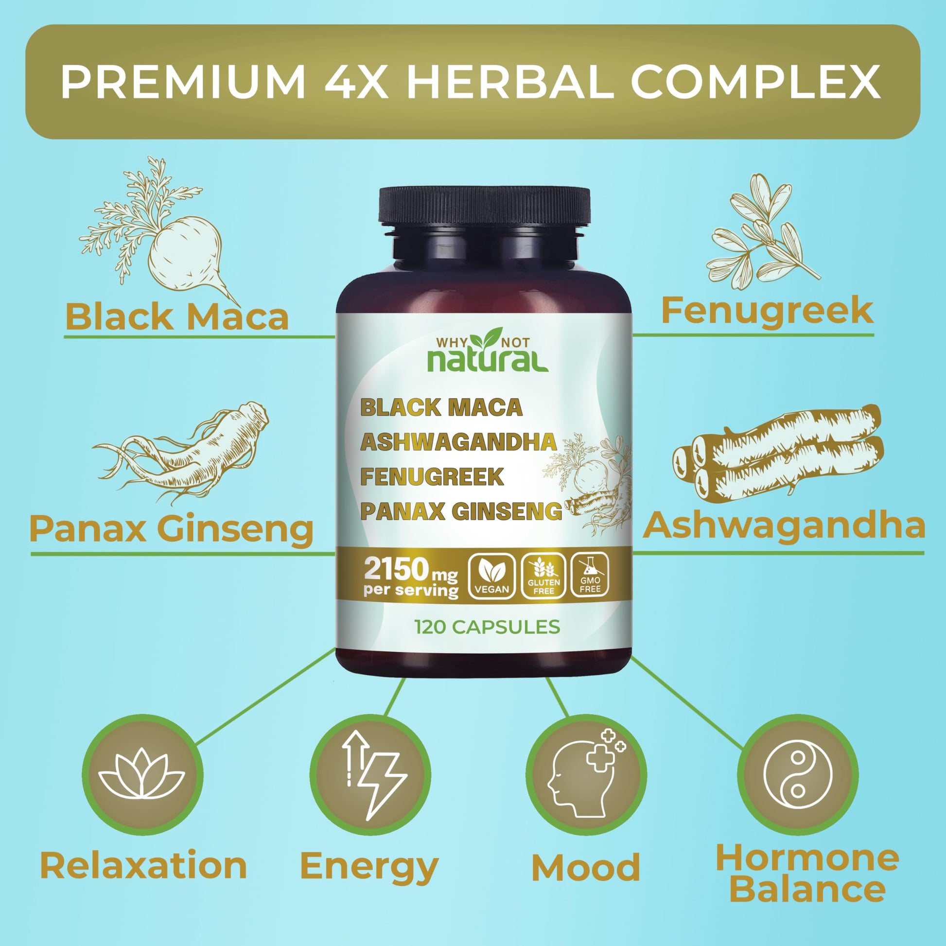 Why Not Natural 4-in-1 Organic Black Maca Root, Ashwagandha, Fenugreek, Panax Ginseng Capsules, Supplement for Men and Women (120 Count (Pack of 1) Why Not Natural Au supplements