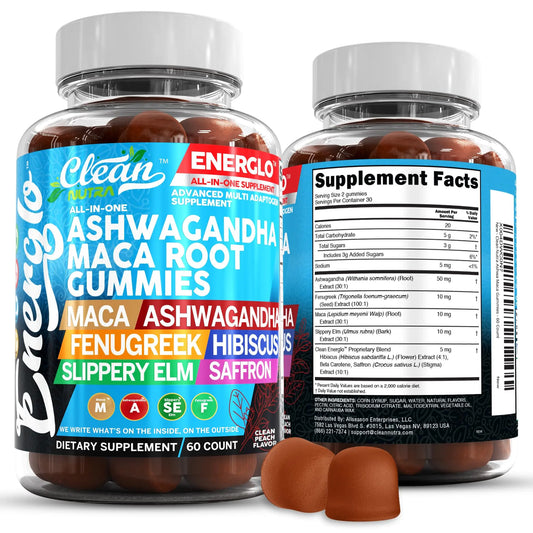 Ashwagandha Maca Root Gummies with Fenugreek Hibiscus Slippery Elm Saffron Extract & Beta Carotene | Peach Flavor Vegan Gummy Vitamins Adaptogen Cortisol Supplement Energlo by Clean Nutra Clean NutraceuticalsAU supplements