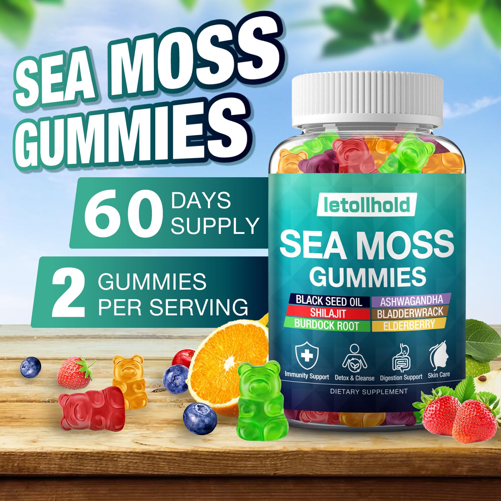 Sea Moss Gummies - Irish Sea Moss Gummies Advanced for Adults with Ashwagandha Bladderwrack & Burdock Root for Supports Immune，Energy - 60 Vegan Gummy,5PCS letollhold Au supplements